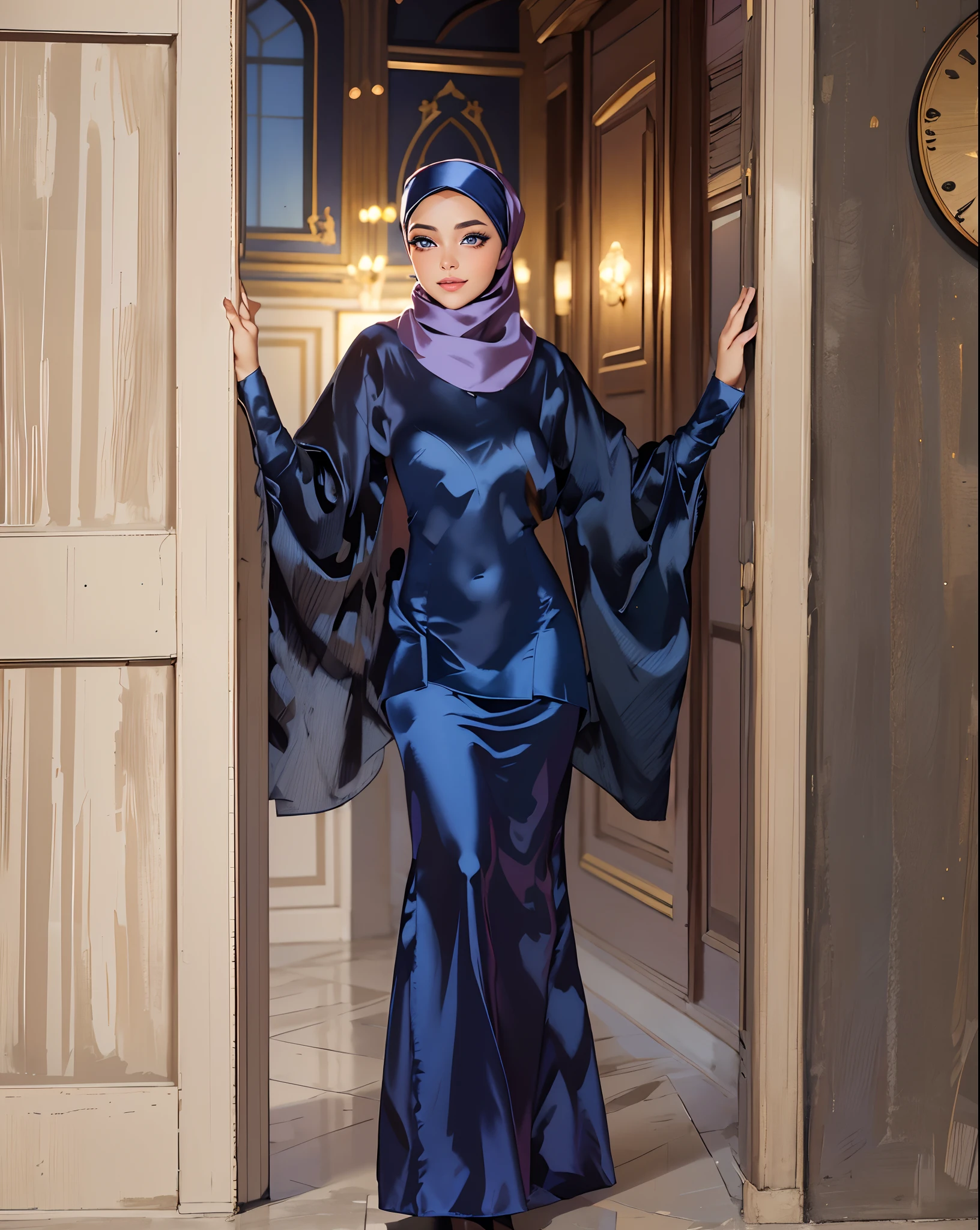 Masterpiece, realistic, best quality, best lighting, 1 girl photo solo, beautifully makeup, eyeshadow, Parted Lips, Detailed Eyes, beautiful big eyes, long eye lashes, smile, wearing ((Dark blue satin headscarf)), loosely tide hijab style, ((Taupe satin shirt)), satin long skirt,