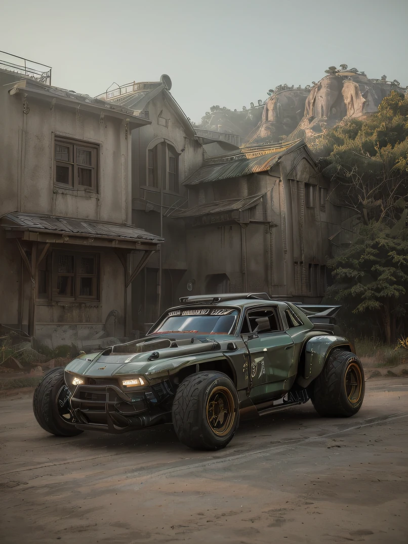 ((​masterpiece、top-quality、realisitic、ultra-detailliert、hight resolution、Photorealsitic、foco nítido、photographrealistic、Raw photography、lighting like a movie))、Noon Wilderness、((Futuristic Cyberpunk Hot Rod))、(With glowing tires)、khaki colors、3/4Front view