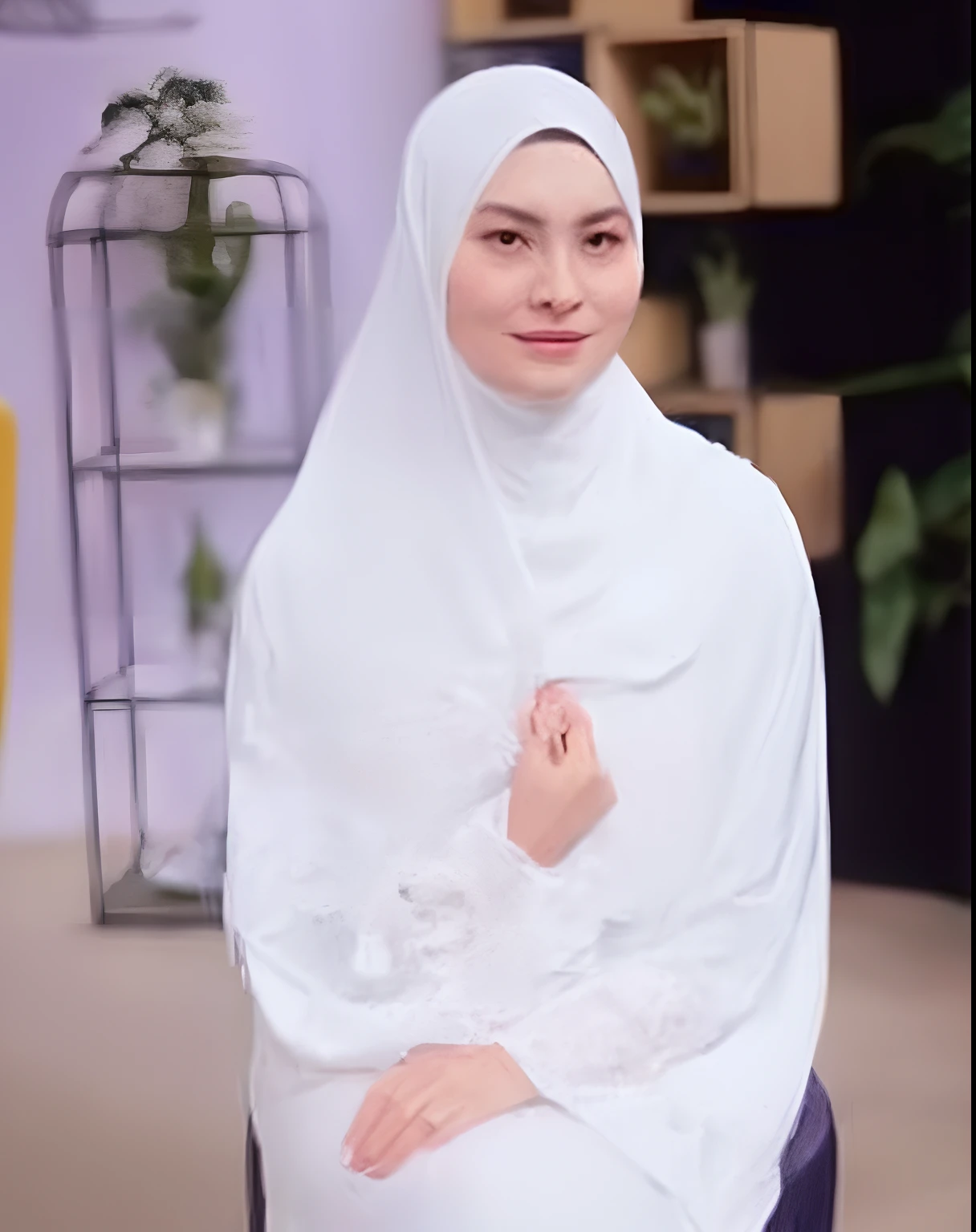 Your prompt:
25-34 years old Asian female. wearing hijab. medium skin tone, slim body. average height, normal weight weight. large breast. naked. sexy pose. against a ocean/beach backdrop. exuding a romantic aura. full body shot. captured from a front view angle. Front view.