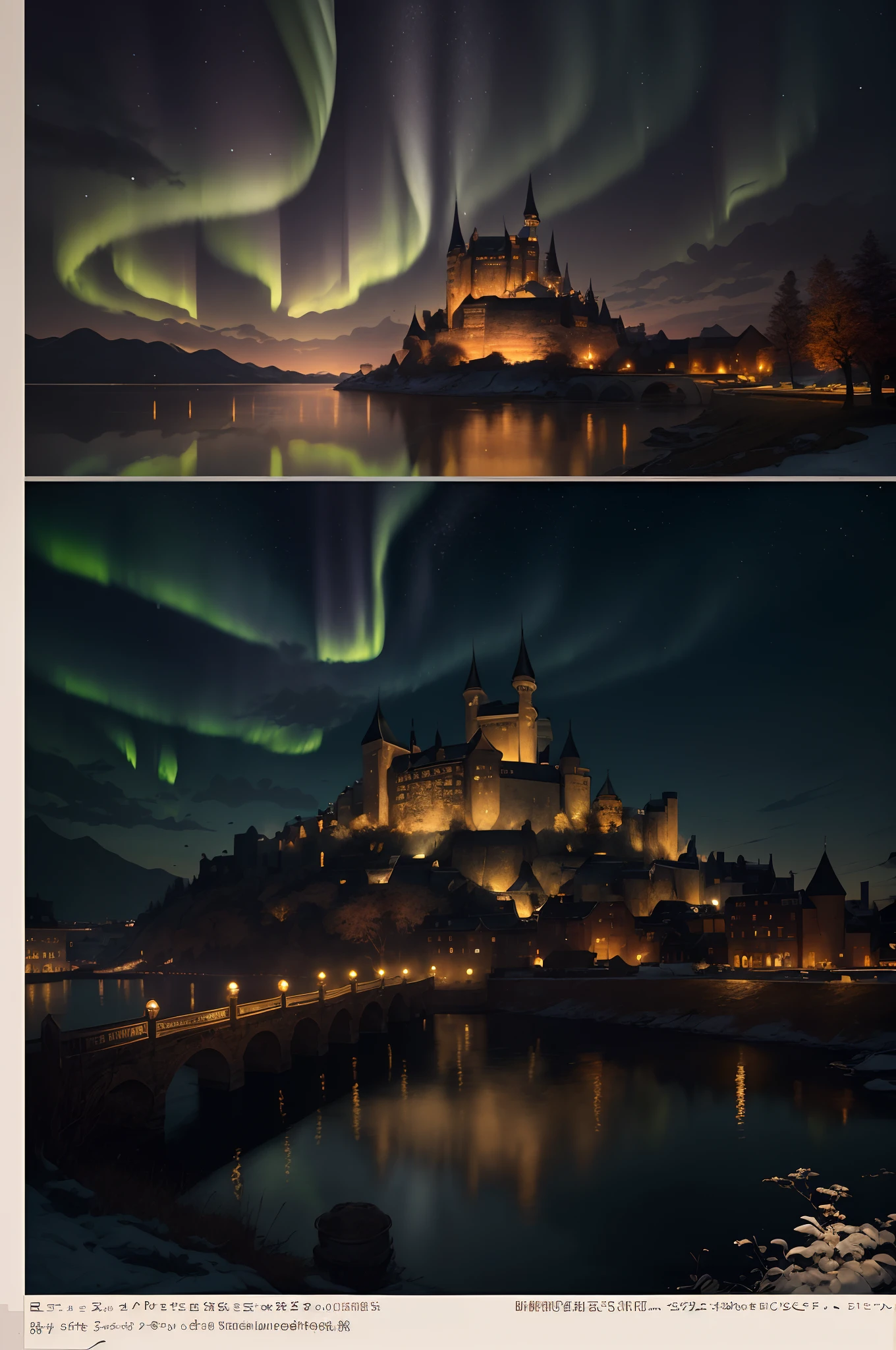 4K Illustration。unrealengine。Beautiful and delicate illustrations。超A high resolution。Depicted in every detail。dark themed。fantastic painting。Atmospheric perspective。Huge kingdom。European architecture in the Middle Ages。sky at night。huge moon。Aurora。Building lights。Beautiful cityscape。Huge castle in the center。Vast cityscape in front of the castle。Boat、There is a bridge。lake。Lots of houses