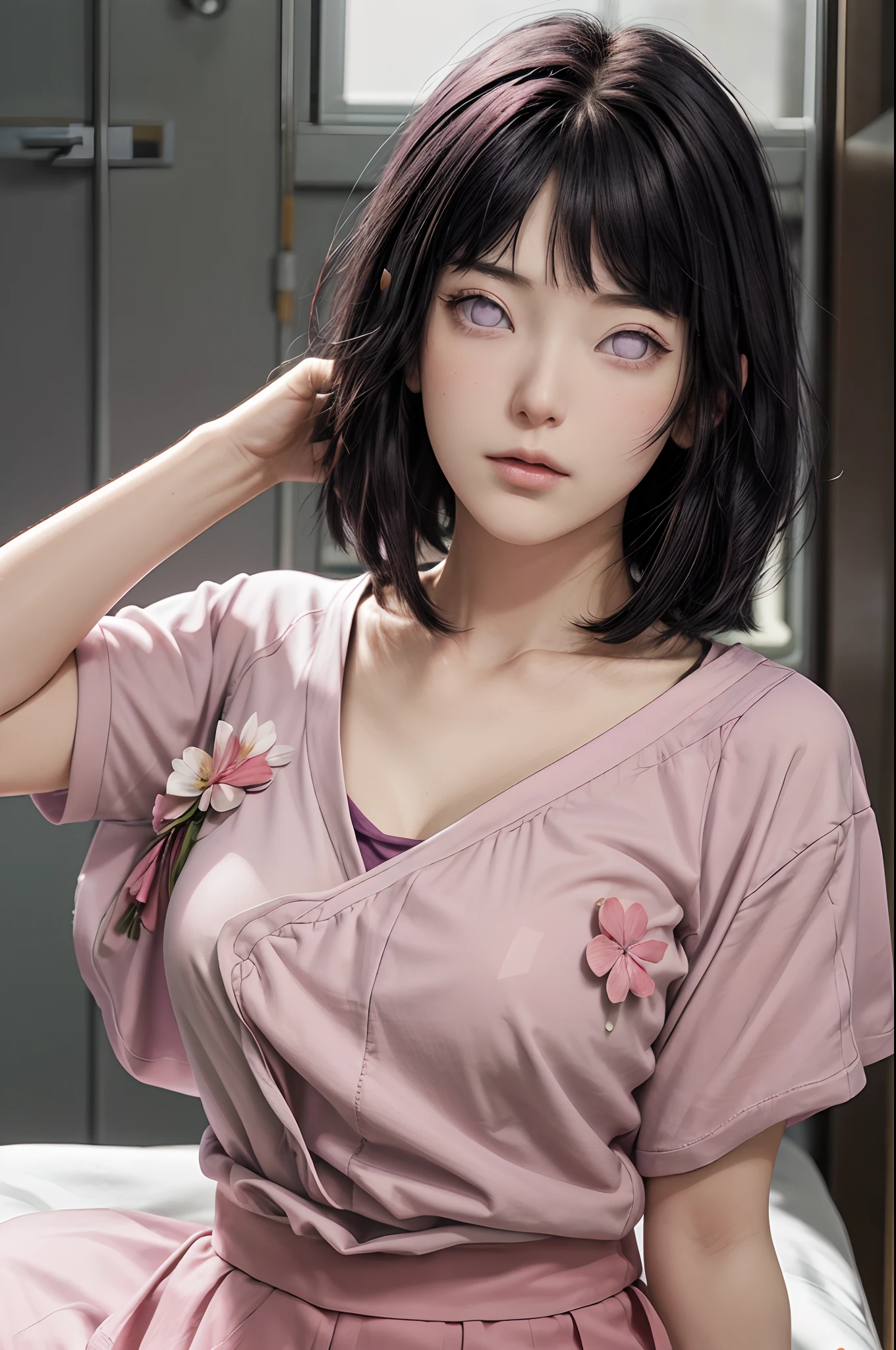 masterpiece, absurdres, hinata\(boruto\), 1girl, solo,mature female, tshirt v neck, high waist mini skirt, looking at viewer, (falling petals), perfect composition, detailed lips, big breast, beautiful face, body propotion, blush, (pink lips), long hair,  purple eyes,  soft gaze,  super realistic, detailed, photoshoot, realistic face and body, cleavage ,ultra high quality , best face eyes , perfeck charakter , quality detail from animerealistic ,1girl ,cute teen make up ,UHD ,HDR,photo DSLR, film