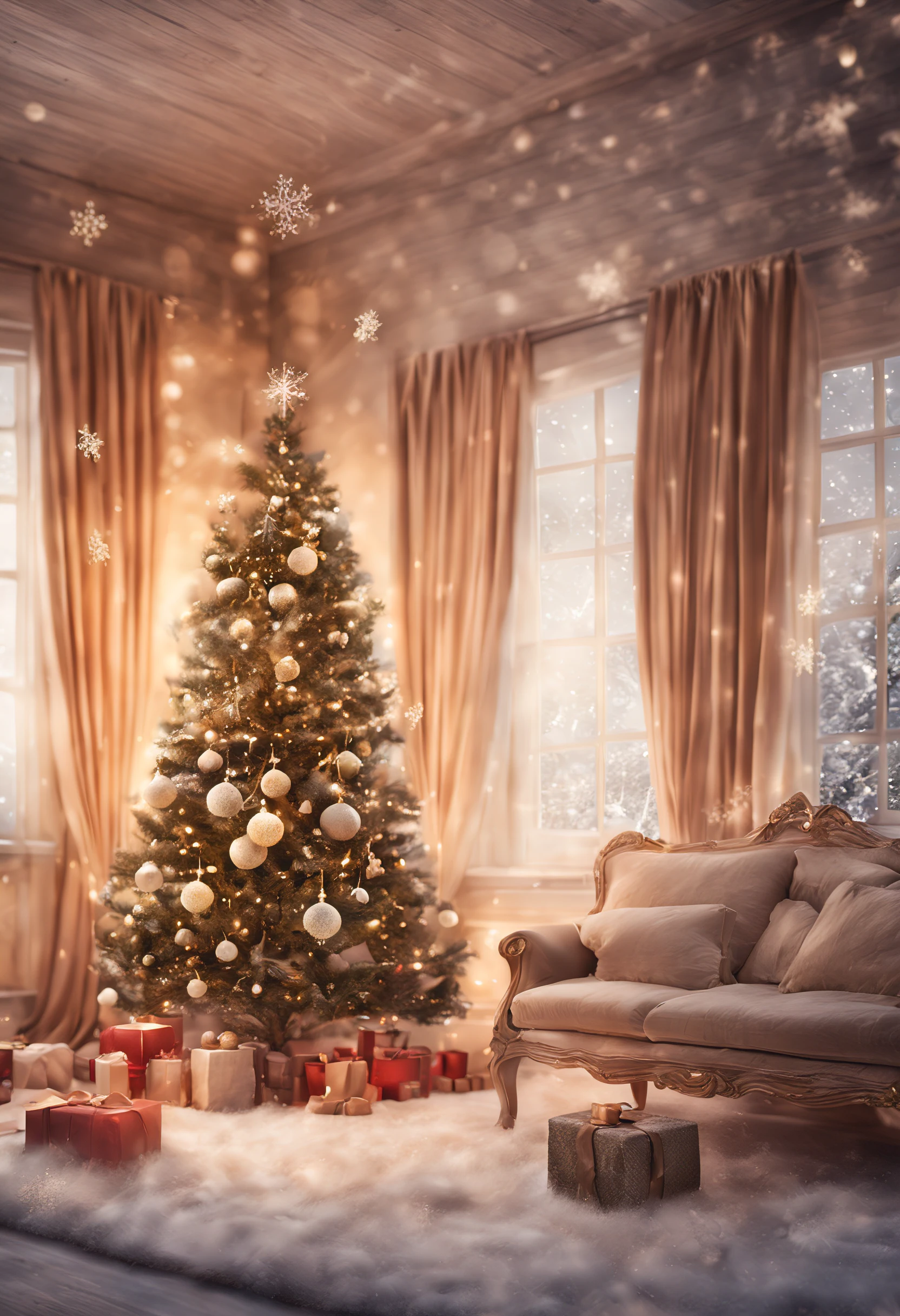 (best quality,highres:1.2),professional,detailed studio backdrop,Christmas theme,chic and elegant,rich colors,beautifully decorated trees and ornaments,snowflakes falling gently,warm and cozy atmosphere,subtle lighting effects,soft bokeh,magical winter wonderland,vibrant and joyful,sparkling lights,wintry landscape,magical snowy scene,delicate and intricate patterns,reflections in shiny surfaces,crisp and clear image,christmas lights,seasonal decorations,glowing candles,cosy fireplace,floral arrangements,dreamy and ethereal,winter holiday vibes,comfort and happiness,inviting and festive ambiance