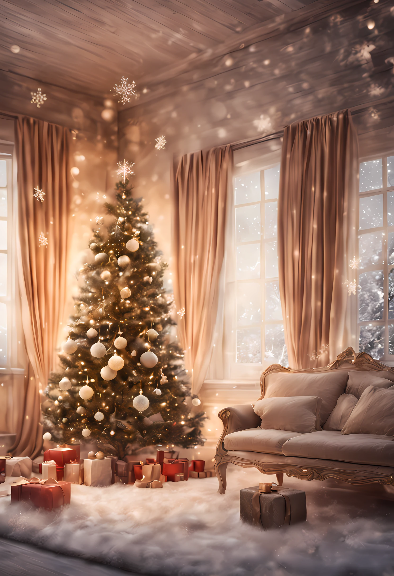 (best quality,highres:1.2),professional,detailed studio backdrop,Christmas theme,chic and elegant,rich colors,beautifully decorated trees and ornaments,snowflakes falling gently,warm and cozy atmosphere,subtle lighting effects,soft bokeh,magical winter wonderland,vibrant and joyful,sparkling lights,wintry landscape,magical snowy scene,delicate and intricate patterns,reflections in shiny surfaces,crisp and clear image,christmas lights,seasonal decorations,glowing candles,cosy fireplace,floral arrangements,dreamy and ethereal,winter holiday vibes,comfort and happiness,inviting and festive ambiance