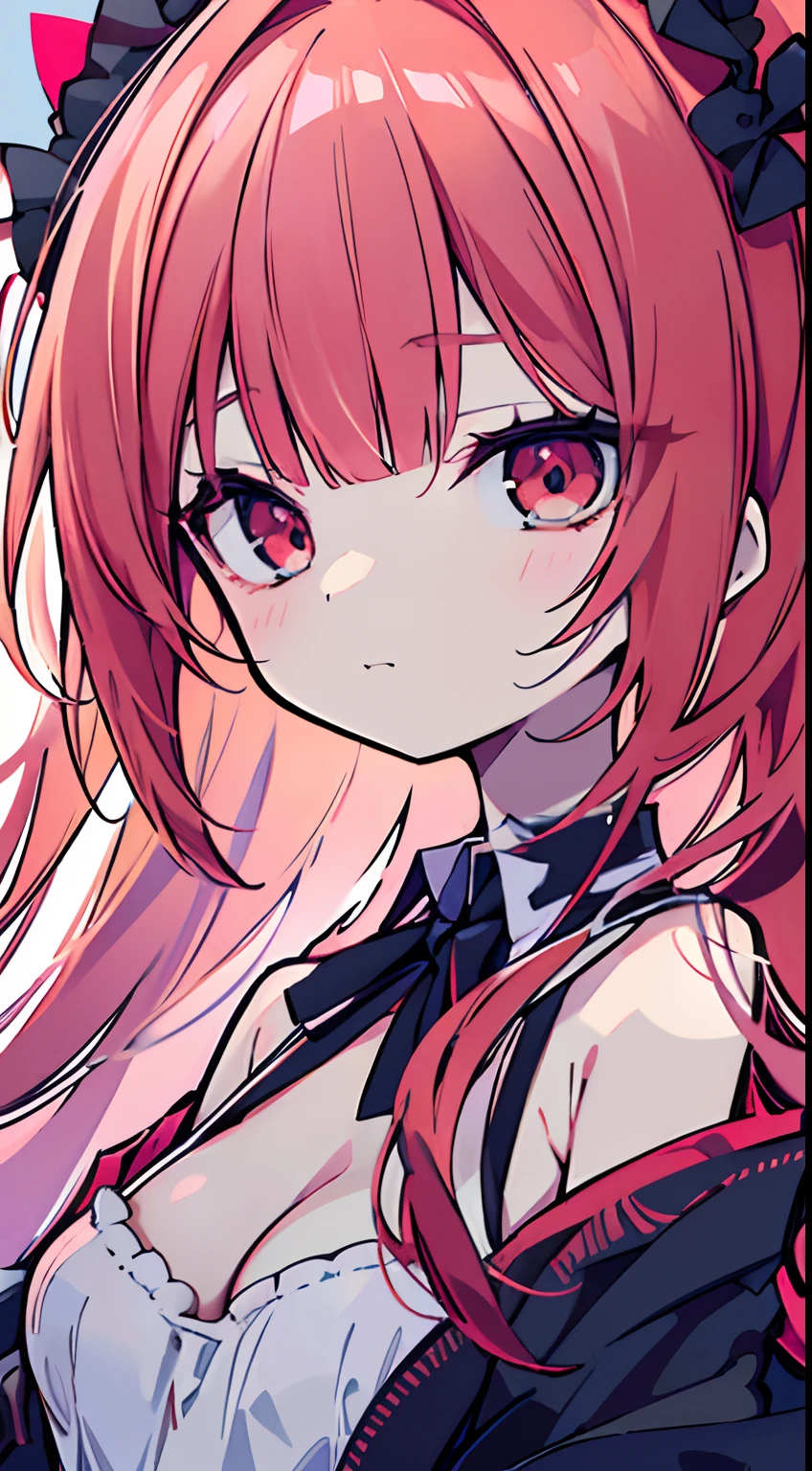 (NSFW),masutepiece, Best Quality, Ultra-detailed,(Lori),sel anime,anime moe art style,animated style illustration, Red Eyes,(Beautiful eyes), ((Cute)), Cute, (lovely),超A high resolution,1 girl,Blunt bangs, Grinning,hair wavy,ridiculously long hair,((Light red hair)),de pele branca,Detailed skin,A detailed face,small tits,detailed tits,Gothic with beautiful cleavage,off shoulders,tear drop,Blur the background to bring it into focus,half body photo