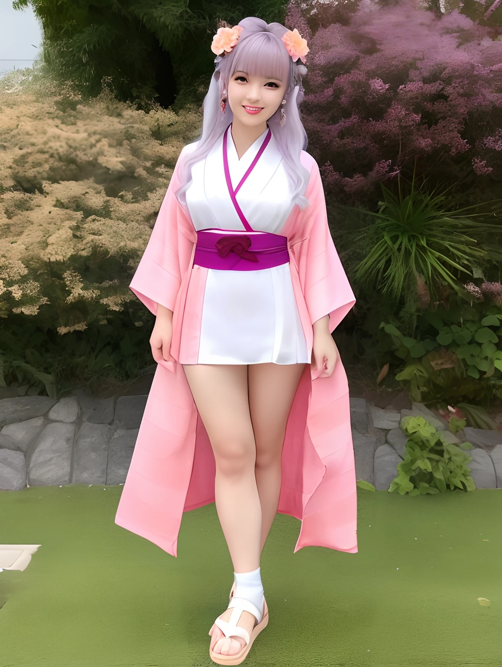 Drawing the following woman。
She has long peach-colored hair,、The tips of the hair are green,。The hair is divided into two buns.、I wear peach-colored flowers as a hair ornament。pure、bangs fall on the forehead,、Eyebrows are not visible。
Her eyes are light blue.、Eyelashes are long and bushy。Pink eyeshadow is applied to the eyes.、There are heart-shaped marks at the corners of the eyes。
Her skin is white and smooth,、On the cheeks there are peach-colored moles。Lips are pink、The smile is nice。
Her height is 167 cm、The figure is slender。breasts are large and plump,、The waist is constricted。arms and legs are thin and long,、Limbs are supple。
Her attire is、It is different from the uniform of the Demon Slayer Squad。She wears a pink kimono with a green obi.、The hem of the kimono is short and fluffy。The sleeves of the kimono are long and wide,、There is a green ribbon on the wrist。On the chest of the kimono、The emblem of the breath of love is depicted。
At her feet、They wear white tabi socks and green sandals。The sandals are decorated with peach-colored flowers。