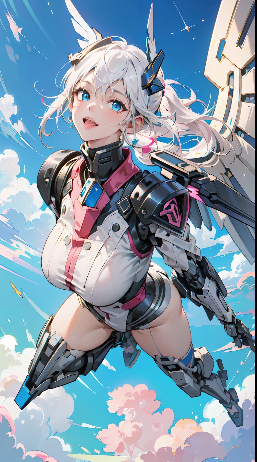 (Masterpiece, Best Quality, great, Highly detailed ajectar Unity、8k wallpaper, Depth-of-field, super fine-illustration:1.5)、3D, Extremely detailed, (s whole body、a mech girl:1.3), sci-fi battlefield, hawken, Smile, Open mouth, short ponytail hair, (white blonde hair, Deep Blue Eyes:1.2), Sparkling eyes, Cute face, kawaii, Large breasts, delicate hair, disheveled hair, (((Flying high in the sky))、Blue sky, white clouds), Shiny hair, shiny skin, (Symmetrical mechanical wing、Metallic colored mechanical wings that are widely expanded to the left and right so that they protrude greatly from the screen, headgear, white hair ornament), (Particles of light, Cinematic lighting: 1.3), (Thin pink lips: 0.8), by Yusuke Murata.