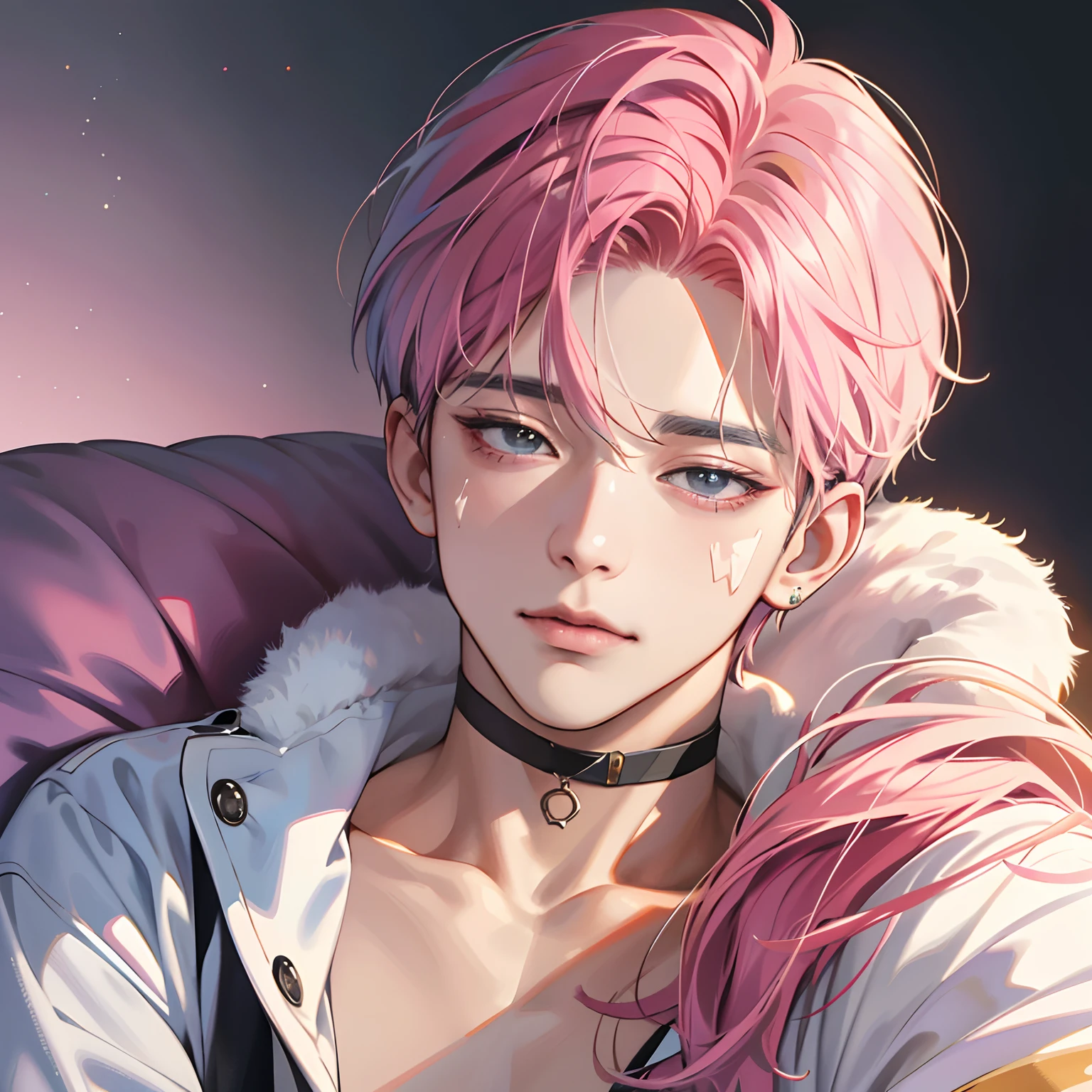 Lying down, Guviz-style artwork, made with anime painter studio, Anime Realism Style, Realistic anime art style, painted in anime painter studio, Inspired by Kim Taehyung, In an anime style, anime handsome guy, Inspired by Kim Taehyung, anime realism、Pink hair、A smile、a choker、Multiple piercings、Gray eyes、Sleepy eyes、Flushed cheeks、feeling in pain、distress、Groaning in pain、Moisturized eyes
