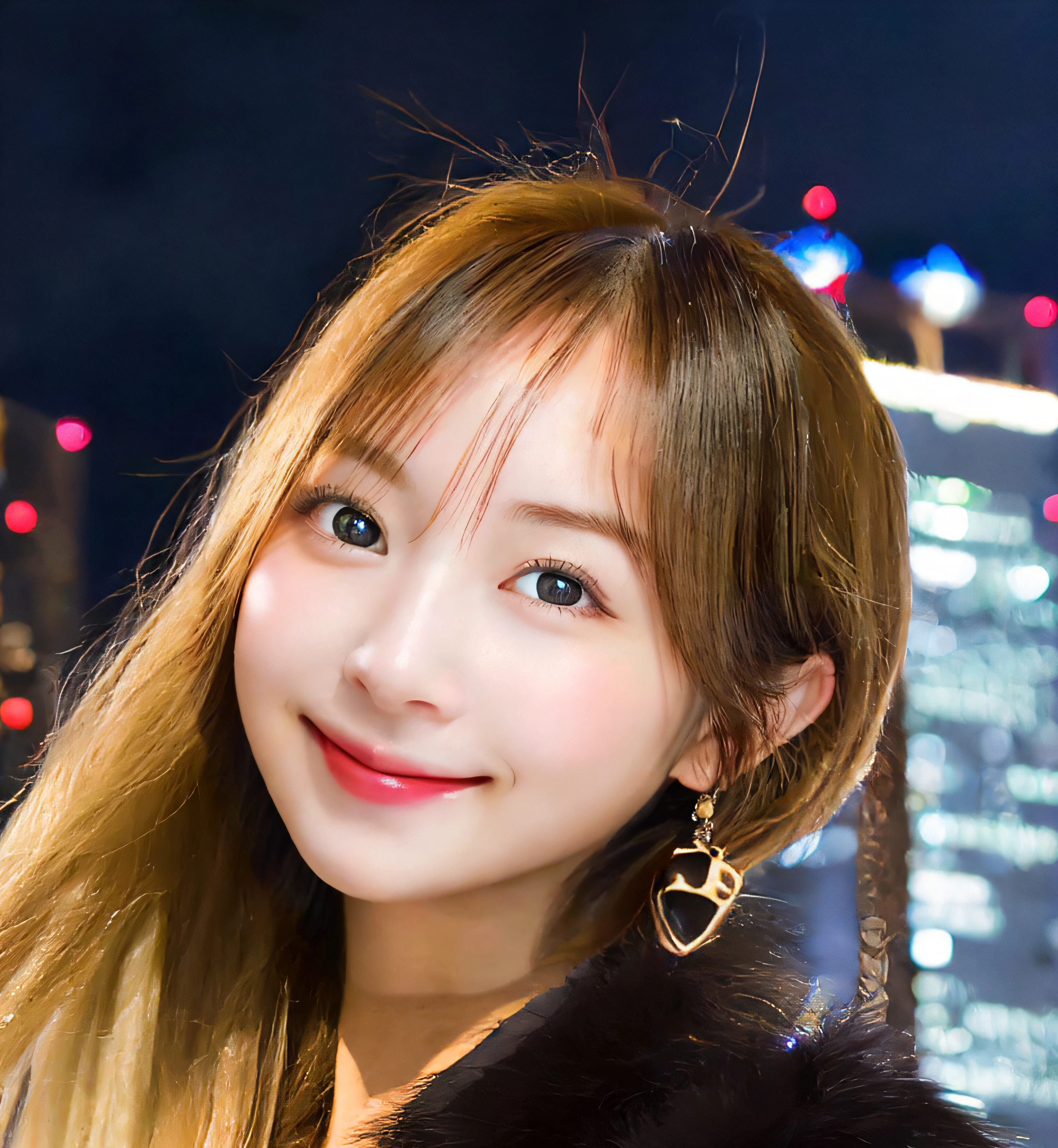 Bigger eyes、narrowing between the left and right eyes,、nose and mouth small、There are bangs、Eyes, nose and mouth in the center of the face、Smile big(8k, RAW photo, best quality, masterpiece:1.2), (realistic, photo-realistic:1.4), (extremely detailed 8k wallpaper), sharp focus, depth of field, blur background, bokeh, cinematic lighting, soft light, upper body, 20 years old cute actress
