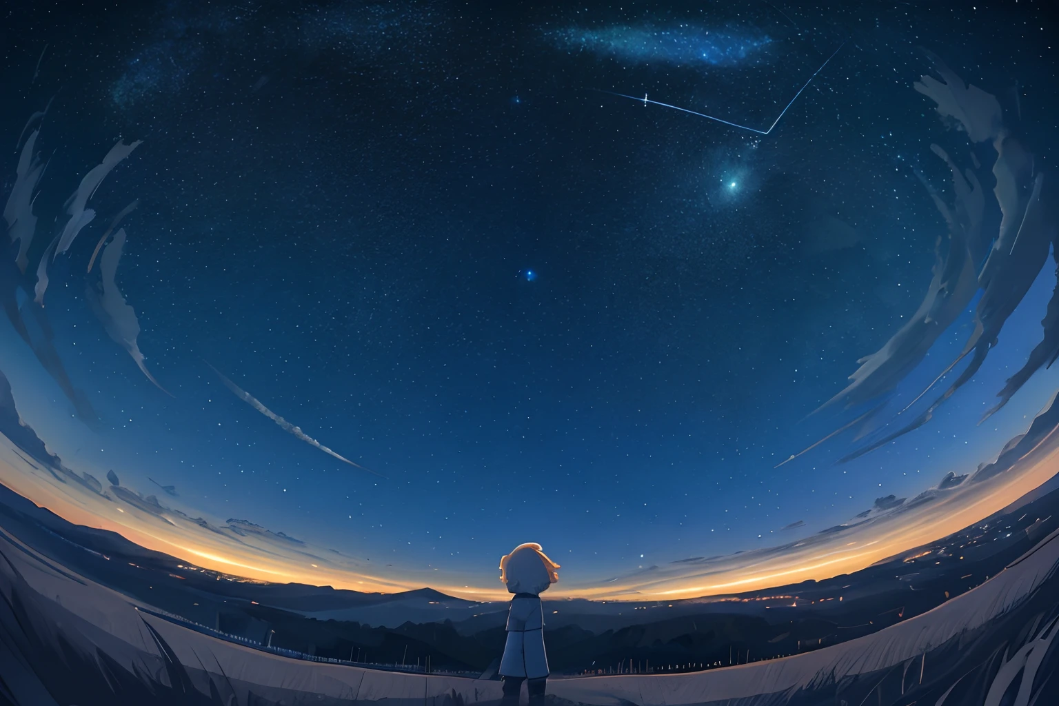 (((A meteor shower dancing in the night sky, countless stars twinkling in the clear air, a beautiful starry sky, the Milky Way shining beautifully in the night))), high collar, hands in pockets, looking up, mountain, wide shot, back shot, a girl, bob cut, bare legs, bare foot, blond hair, (best quality, 4K, 8K, highres, masterpiece:1.2, ultra-detailed, HDR, uhd, studio lighting, ultra-fine painting, sharp focus, physically-based rendering, extreme detail description, professional, vivid colors, bokeh)
