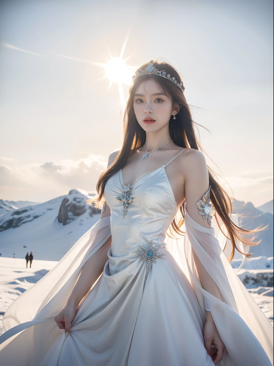 `Ice Queen in a kingdom with the sun as the background, High definition, Rich in details`Dress conservatively