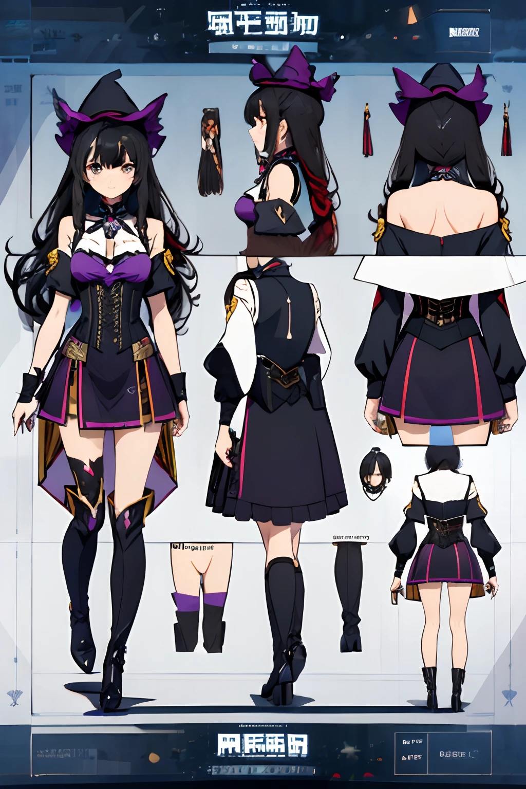 ((masterpiece)),(((best quality))),(((highly detailed))), (Character design sheet, same character, same outfit, ""main front view, side view, back view ""), illustration, 1 girl in, long black hair, golden eyes, genshin impact style, purple magical girl style witch clothing, full body, hat, corset, short dress, high stockings, leather boots and gloves, digital background, casting shadow. exceptional details in eyes, face, hair, clothes, hands and legs.