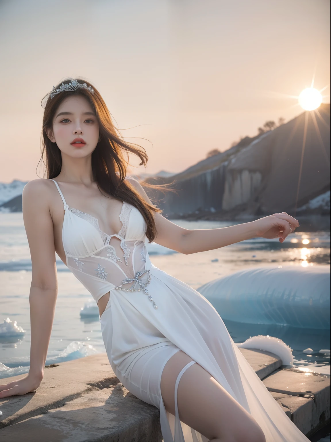 `Ice Queen in a kingdom with the sun as the background, High definition, Rich in details`