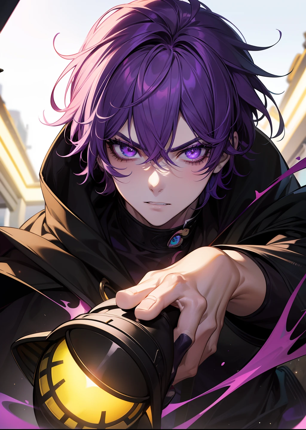 (​masterpiece、top-quality、absurderes)、1 male human、A detailed eye、purple  hair, yellow eyess, angry, Lower lashes、Black Turtle、The upper part of the body、(fluorescent lamp)、(colourfull)、Contre-Jour，Only the eyes glow,ciber,