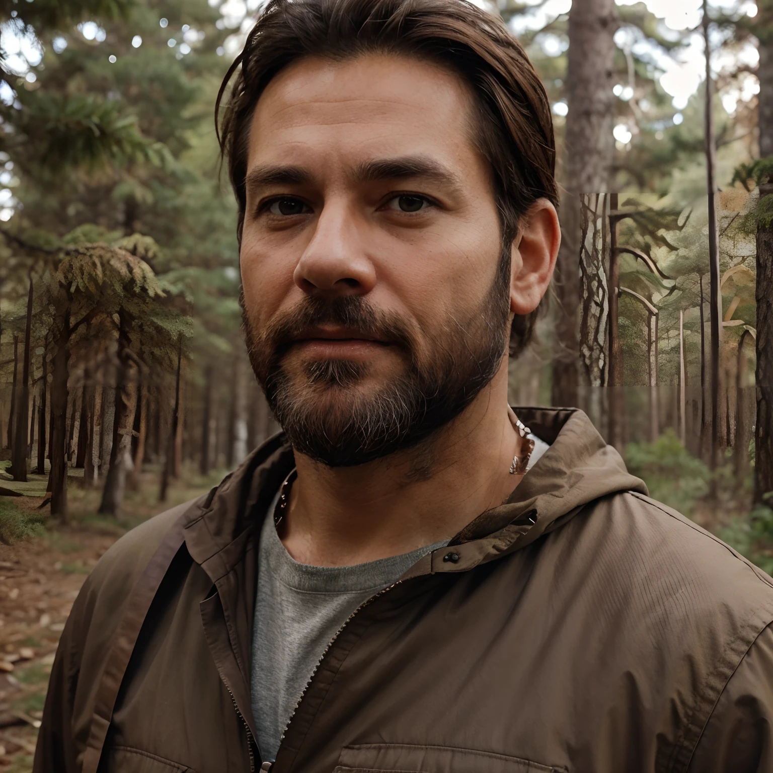 male in his 50s. Brown eyes. a bit of a beard. details. realistic. dark brown hair. wearing forest explorer clothes. face photo.