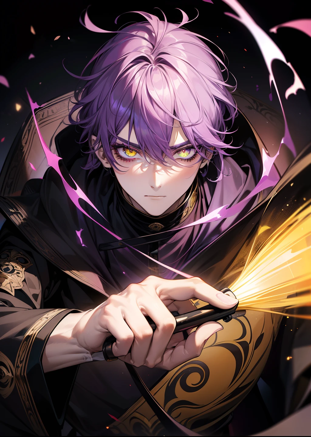 (masterpiece、top-quality、absurderes)、1 male human、A detailed eye、purple hair, yellow eyess, angry, Lower lashes、Black Turtle、The upper part of the body、(fluorescent lamp)、(colourfull)、Contre-Jour,Only the eyes glow,ciber,
