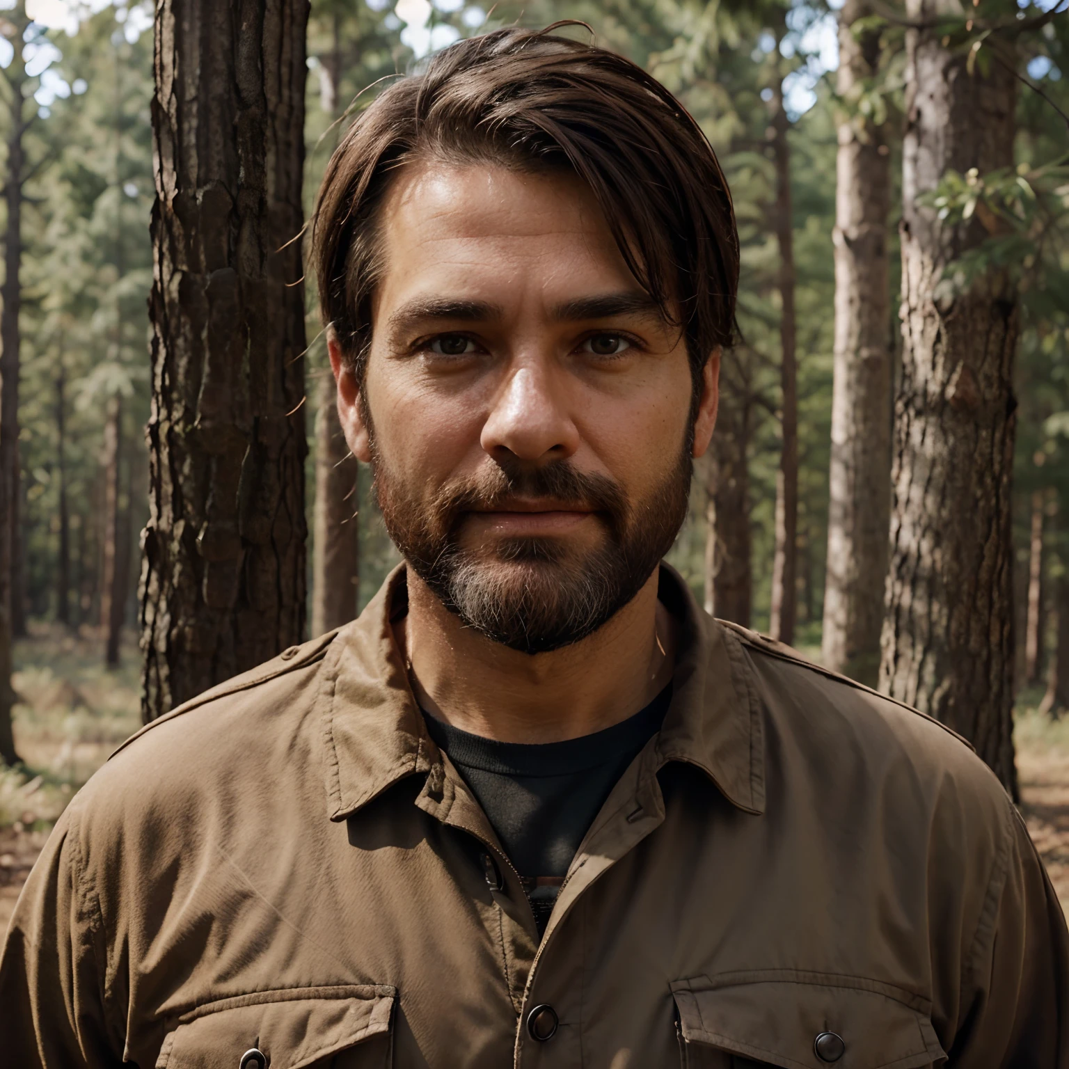 male in his 50s. Brown eyes. a bit of a beard. details. realistic. dark brown hair. wearing forest explorer clothes. face photo.