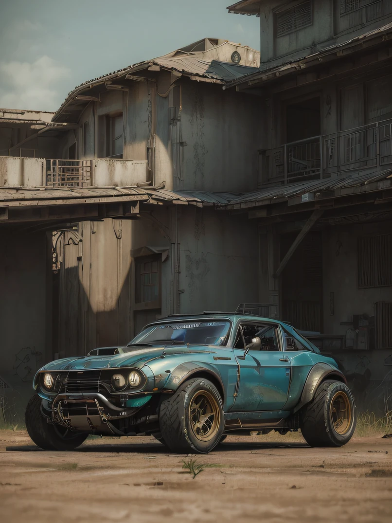 ((masterpiece、top-quality、realisitic、ultra-detailliert、hight resolution、Photorealsitic、foco nítido、photographrealistic、Raw photography、lighting like a movie))、High brightness、Noon Wilderness、((Futuristic Cyberpunk Hot Rod))、High vehicle height、(With glowing tires)、khaki colors、3/4Front view