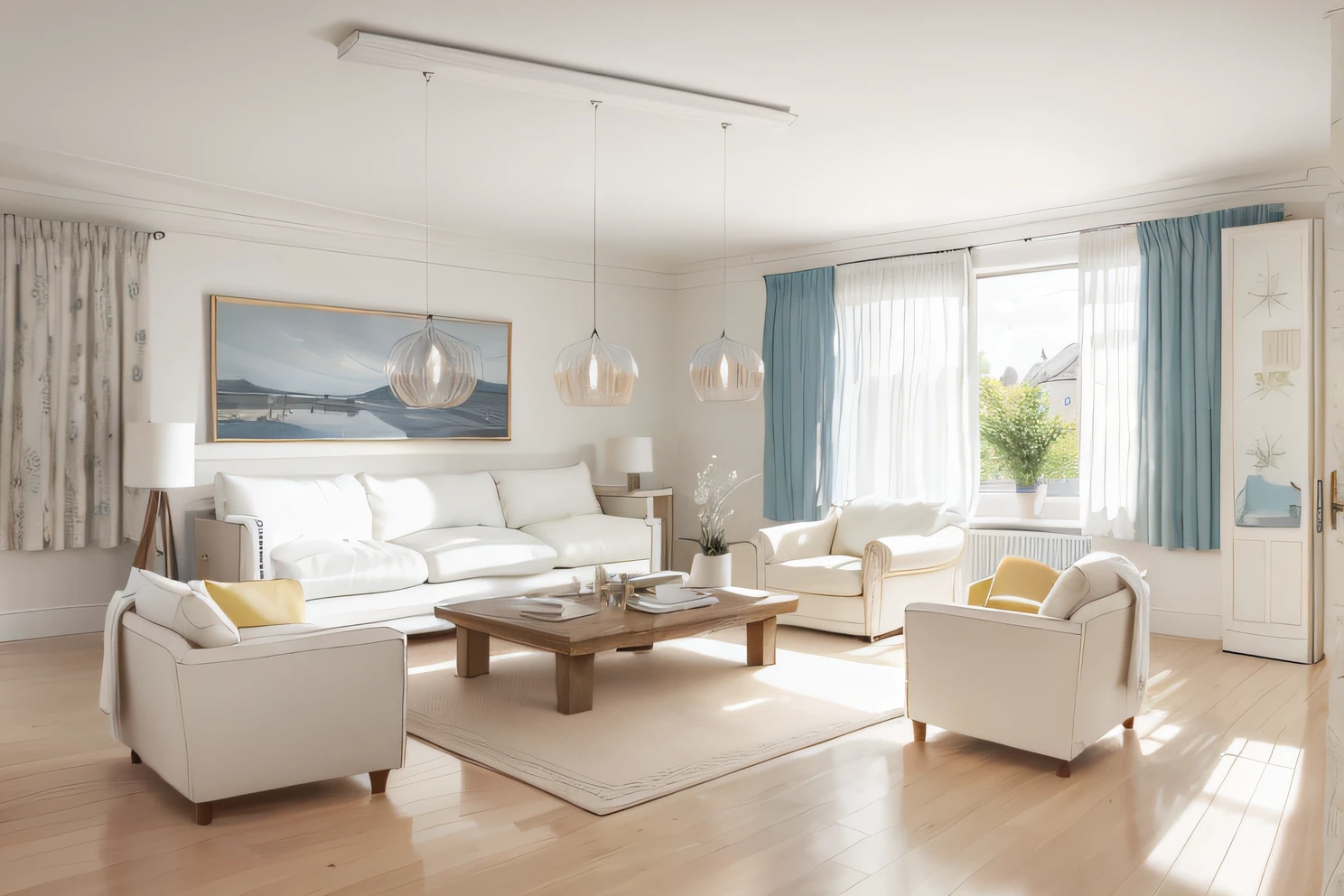 a beautiful modern living room, ((Foster and partners, artist impression, art impression, Hamish MacDonald, kerie Morris, David Brewster, higher detail illustration, Helen Berman, illustration, detailed illustration, Nick Fudge, Warren Mahi, artist impression))), few pictures on the wall, linen curtains next to classroom windows, coffee table, modern wood, ceiling with magnetic luminescence lighting, white fabric PRB texture, marble fish belly white texture,