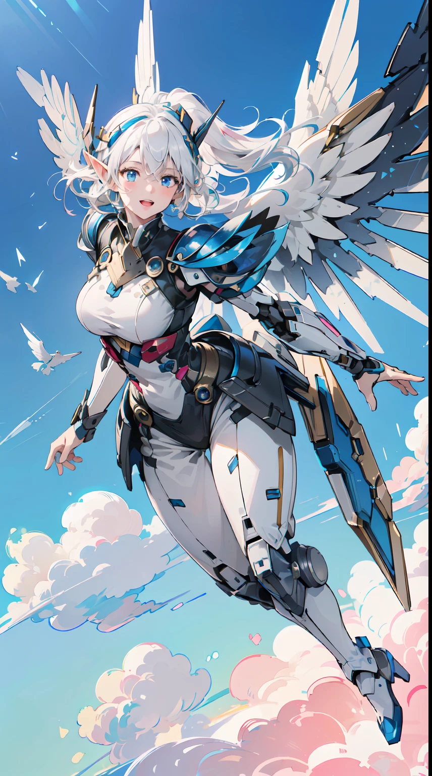 (Masterpiece, Best Quality, great, Highly detailed ajectar Unity、8k wallpaper, Depth-of-field, super fine-illustration:1.5)、3D, Extremely detailed, (s whole body、a mech elf girl:1.3), sci-fi battlefield, hawken, Smile, Open mouth, short ponytail hair, (white blonde hair, Deep Blue Eyes:1.2), Sparkling eyes, Cute face, kawaii, Large breasts, delicate hair, disheveled hair, (((Flying high in the sky))、Blue sky, white clouds), Shiny hair, shiny skin, (Symmetrical mechanical wing、Metallic colored mechanical wings that are widely expanded to the left and right so that they protrude greatly from the screen, headgear, white hair ornament), (Particles of light, Cinematic lighting: 1.3), (Thin pink lips: 0.8), by Yusuke Murata.