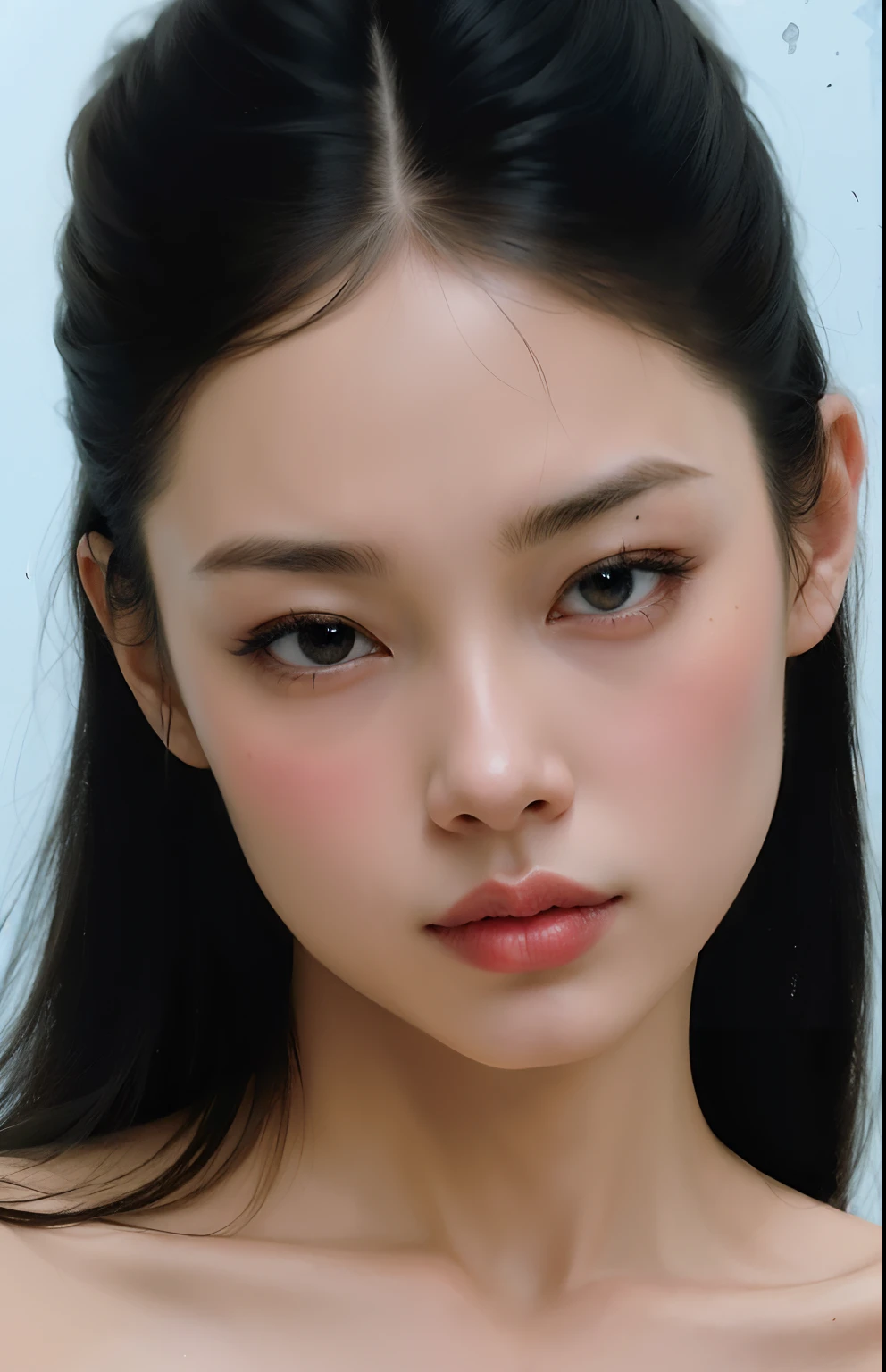 um close up de uma mulher com cabelos longos e um batom rosa, Realistic. Cheng Yi, inspirado em Yanjun Cheng, com rosto redondo, rosto bonito hiperrealista, south east asian with round face, Asian face, belo rosto realista, Yanjun Chengt, jennie blackpink, rosto redondo macio, rosto bonito realista, rosto bonito fotorrealista, belo rosto redondo