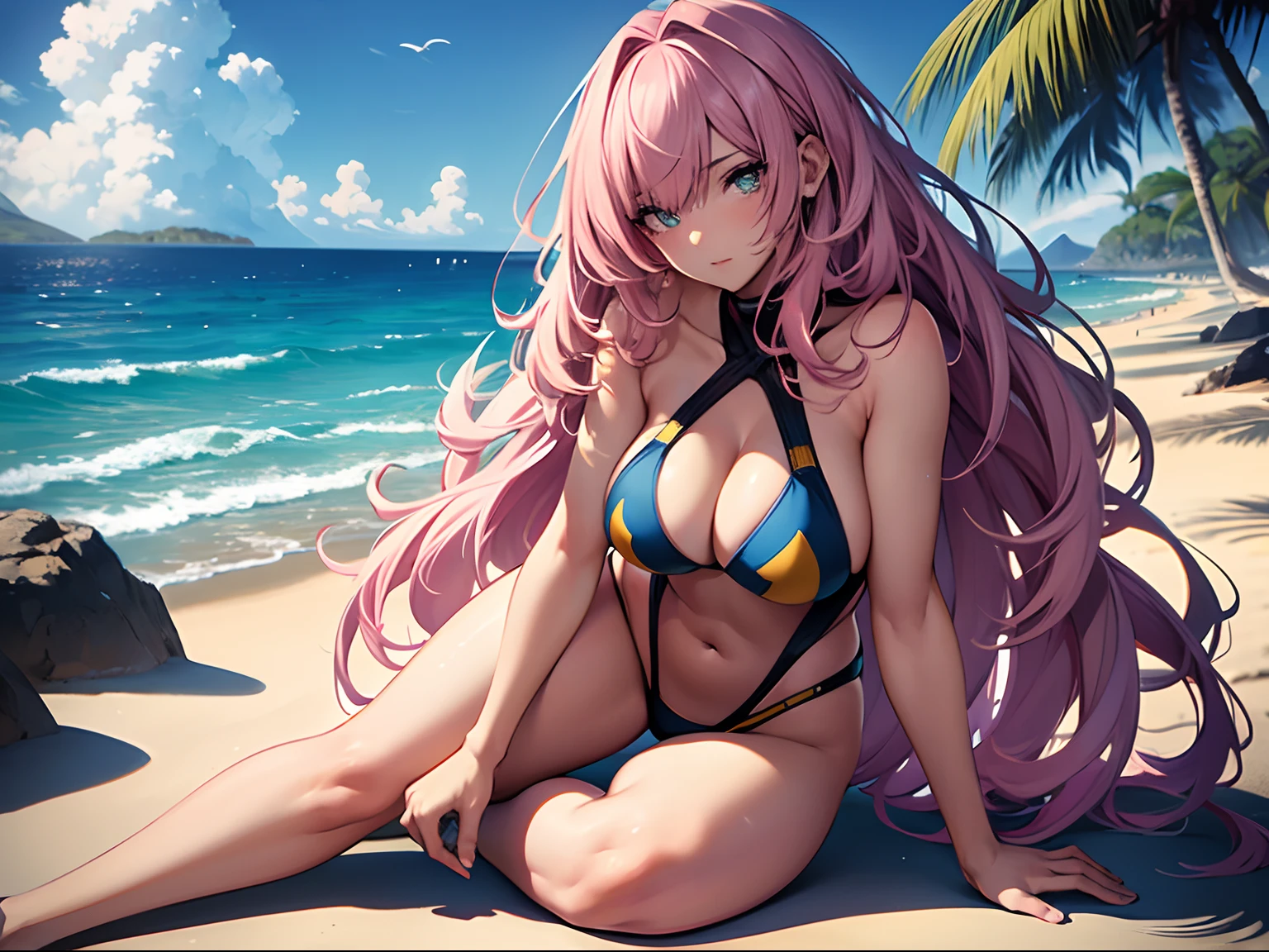 ((Masterpiece, Highest quality)), Detailed face, Beautiful face, full bodyesbian, nude, Full of details, Highly detailed, Depth, Beautiful girl with pink hair,with hair dishevelled,long pink hair,Sick,White pupils,The legs are very thin,The legs are long, blue eyelashes, swimsuit,yellow swimsuit, bikini, seaside, beach, twilight, Tall and tall,Thin, 8k, ultrarealistik, oficial art,
