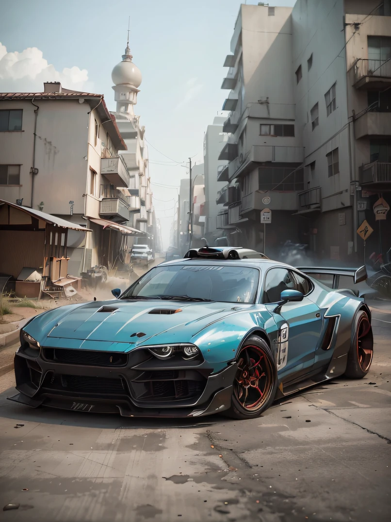 ((masterpiece、top-quality、realisitic、ultra-detailliert、hight resolution、Photorealsitic、foco nítido、photographrealistic、Raw photography、lighting like a movie))、High brightness、Noon Wilderness、((Futuristic Cyberpunk Hot Rod))、turrets、High vehicle height、(With glowing tires)、Red rust color、3/4Front view