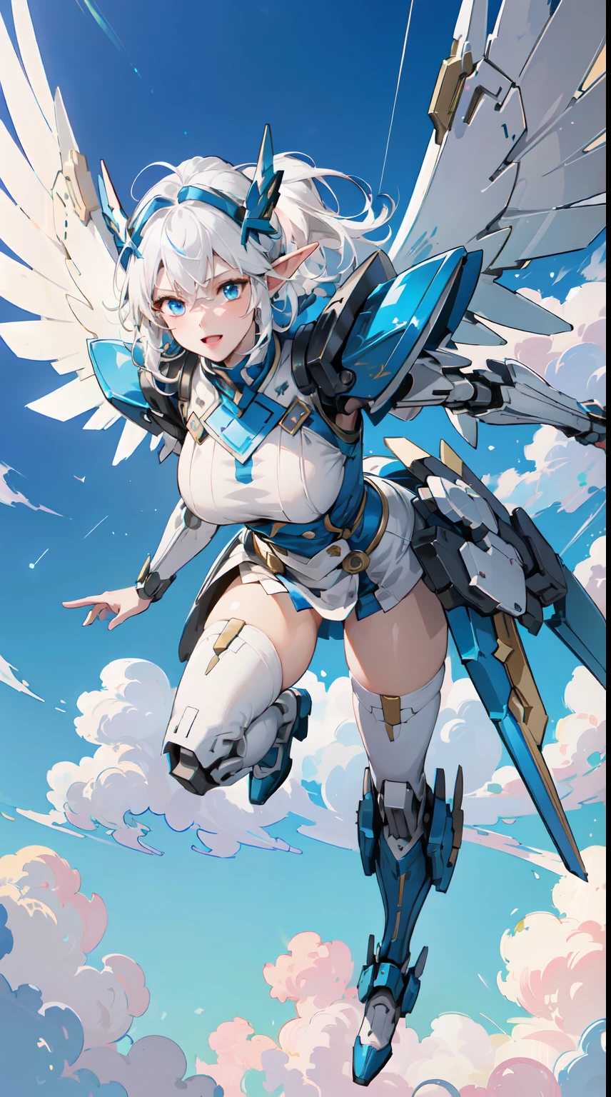 (Masterpiece, Best Quality, great, Highly detailed ajectar Unity、8k wallpaper, Depth-of-field, super fine-illustration:1.5)、3D, Extremely detailed, (s whole body、a mech elf girl:1.3), sci-fi battlefield, hawken, Smile, Open mouth, short ponytail hair, (white blonde hair, Deep Blue Eyes:1.2), Sparkling eyes, Cute face, kawaii, Large breasts, delicate hair, disheveled hair, (((Flying high in the sky))、Blue sky, white clouds), Shiny hair, shiny skin, (Symmetrical mechanical wing、Metallic colored mechanical wings that are widely expanded to the left and right so that they protrude greatly from the screen, headgear, white hair ornament), (Particles of light, Cinematic lighting: 1.3), (Thin pink lips: 0.8), by Yusuke Murata.