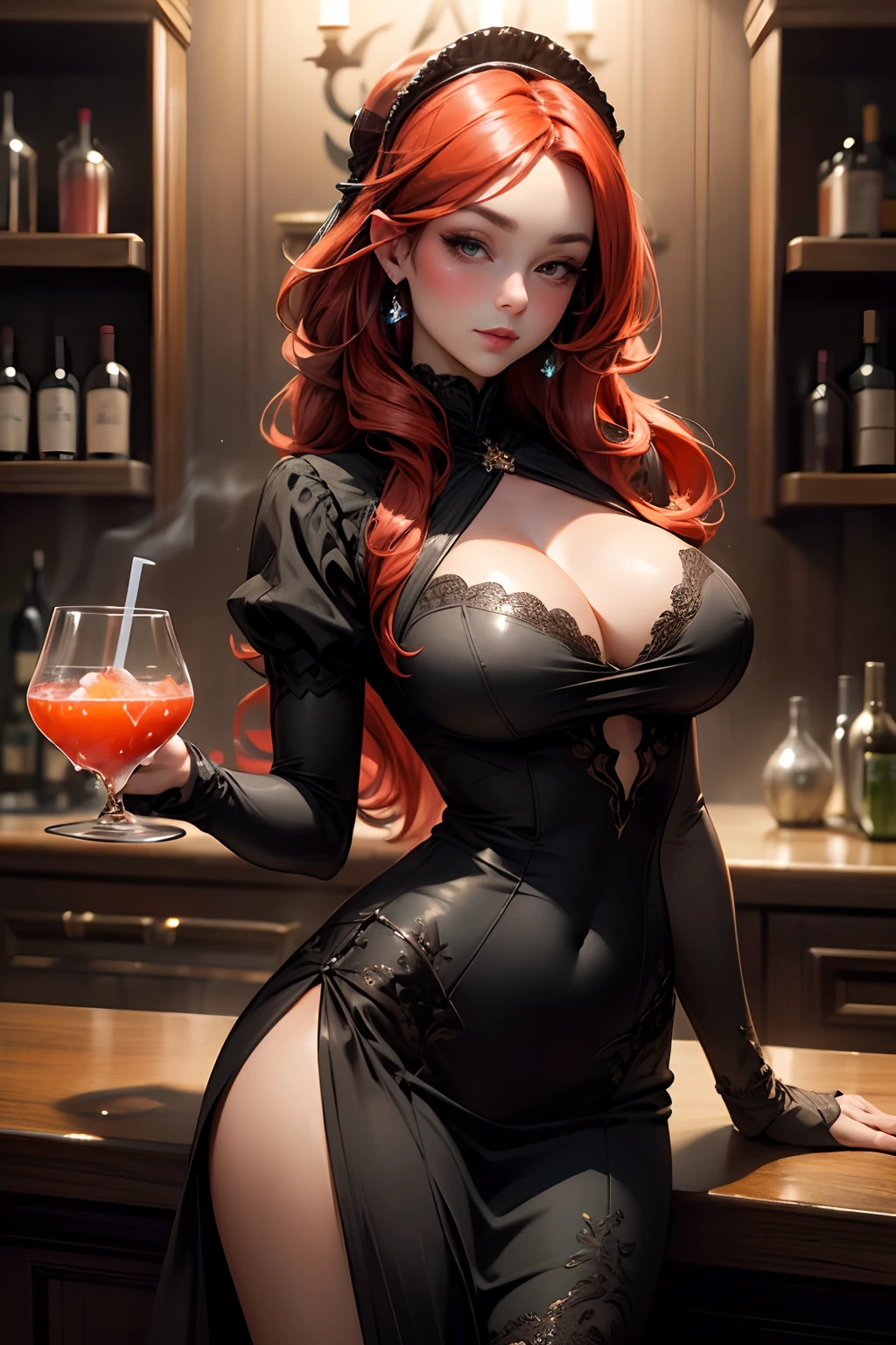 best quality,ultra-detailed,realistic,bartender girl with big breasts,beautiful detailed eyes,beautiful detailed lips,long eyelashes,glossy red hair,wearing a black low-cut dress,sexy and confident posture,holding a cocktail shaker,pouring a drink into a fancy glass,standing behind a bar counter with a row of colorful liquor bottles,soft and warm lighting,smoke rising from the cocktail,portrait,rich and vibrant colors,shimmering reflections on the glass,artistic photography