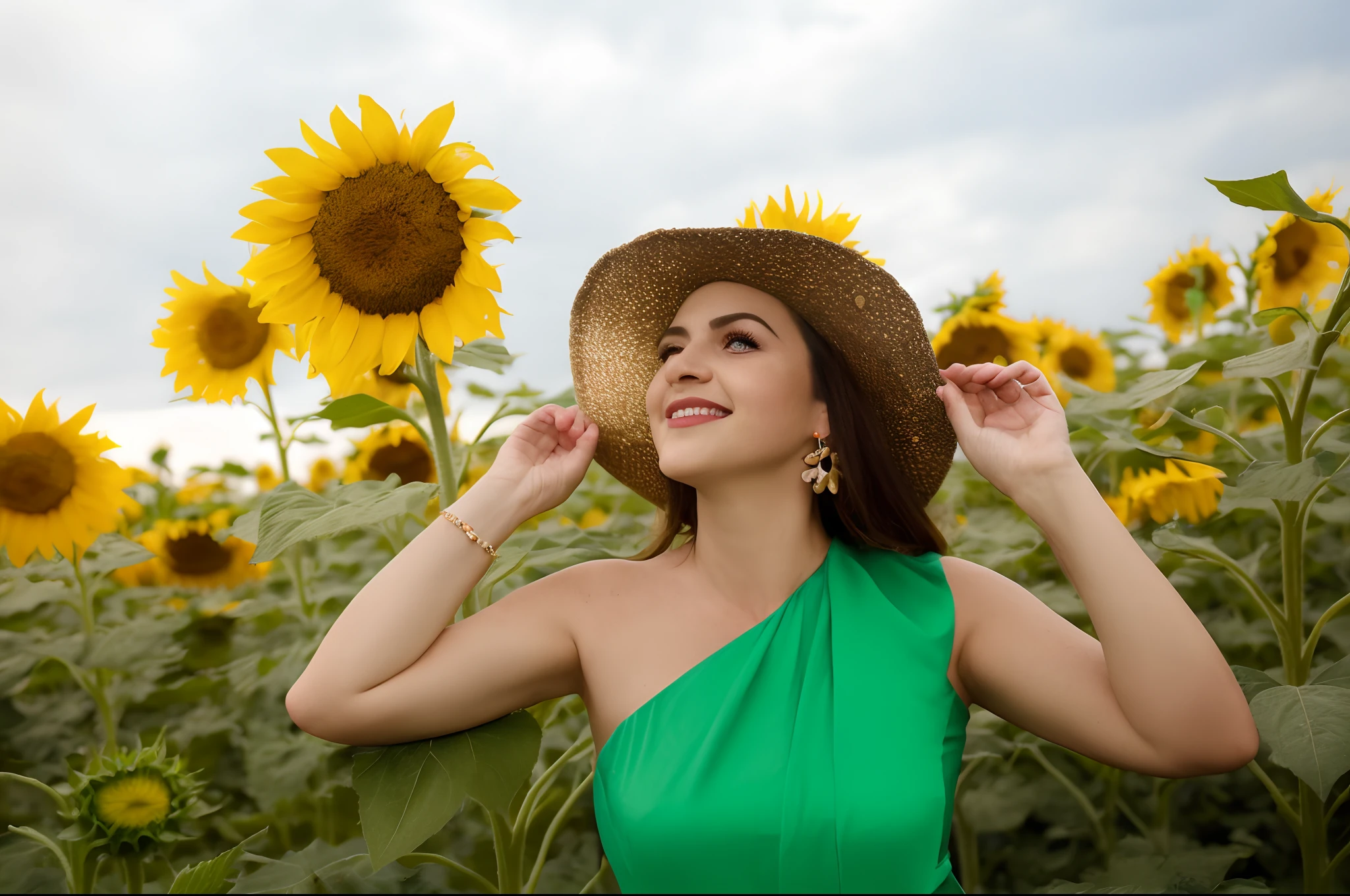 Araffe woman in a green dress and a straw hat in a sunflower field, cena : field of sunflowers, cena: field of sunflowers, sunflowers in the background, Ana Nikonova, foto de retrato, Foto tirada com Nikon D 7 5 0, Foto tirada com Nikon D750, em um dia ensolarado, Directed by: Maksimilijan Vanka, em um campo