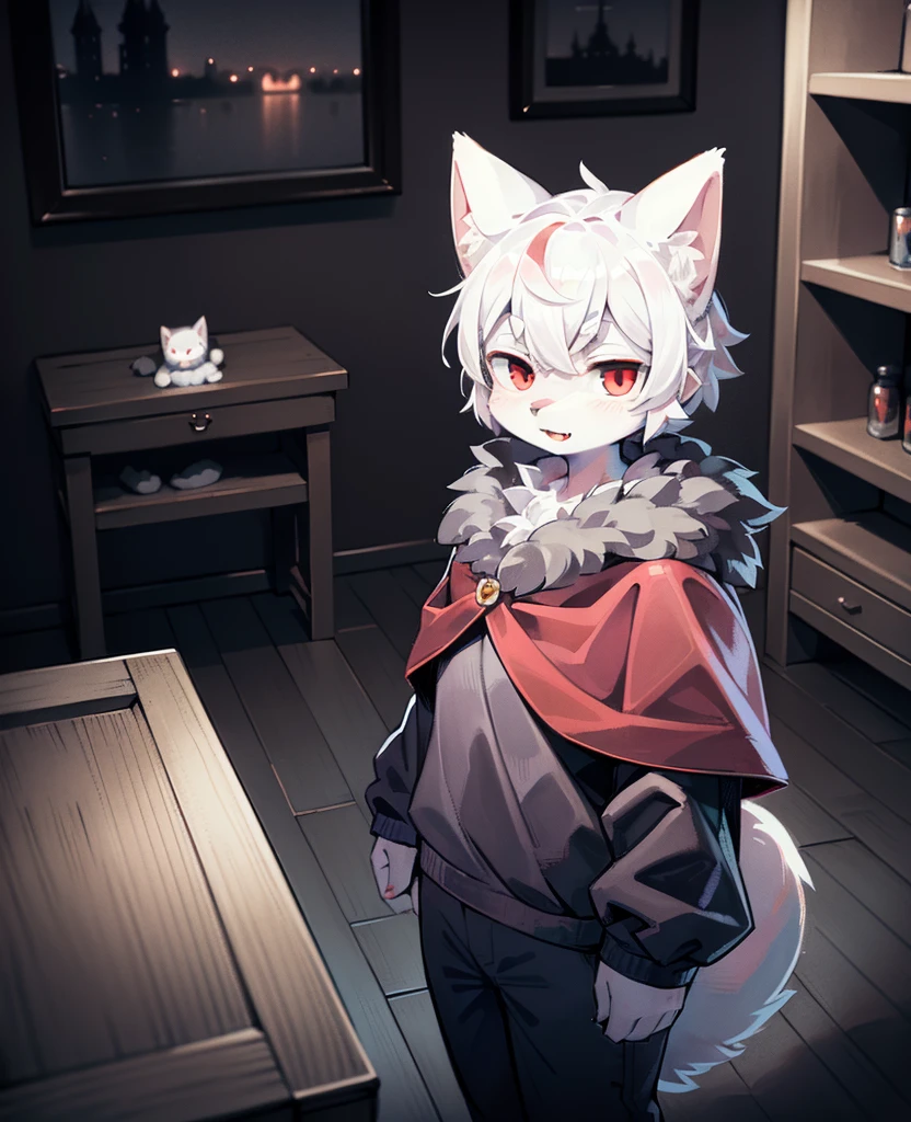 (dark environment:0.8),masterpiece, high quality, absurd res, digital painting \(artwork\), by dagasi, yupa,kiyosan,(anthro,fluffy fur,character focus:1.1),anthro male cat,short hair,portrait, bright eyes,panorama,character focus.(detailed background:0.7),solo,furry,furry male ,male focus,anthr,(Full body fur, fluffy tail, white fur,red eyes,gray hair:1.2),(long canines,vampire, cape:1.2),(interior,night, castle, coffin:1.1)