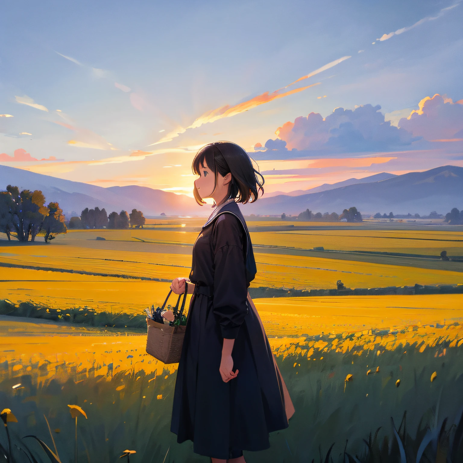 Girl Standing In The Field, gros-plan, Portrait, Clouds, Sunrise、rides a bike、