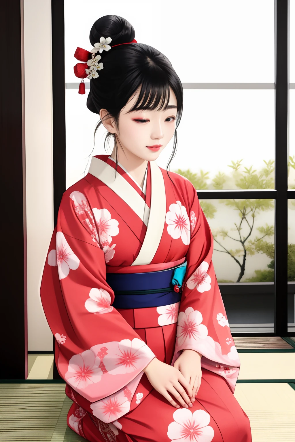 ((Big、a small face、No exposure))、top-quality、masterpiece、(Bun hair Black hair、Ponytail hair)、Brown eyes、⦅From the buttocks up is the whole body、Diagonally horizontal⦆、(4In K、masterpiece、hight resolution、Realistic and beautiful light and shadow、One girl、Solo Focus、(top-quality)、(Hi-Res)、(extremely delicate and beautiful)、(Beautiful 8k face)、(I close my eyes while smiling.)、(独奏)、(Clear skin)、(Soft hair)、(7headed body)、(Japanese style yukata kimono with red and pink floral pattern isolated on white background、Beautiful girl in Japan wearing yukata)、((Hair in a bun))、((Tanabata decoration background))、((a small face))、(reality)、thin and small nose、(red lipsticks)、(Reddening cheeks)、(Lustrous skin)、((Ukiyo-e style))、Ultra-thin eyebrows、Ultra high image quality、(Wearing maiko-style makeup)、skin whitening、long and beautiful lashes、Lustrous skin that changes like a model in a Kyoto magazine、(Red-dyed cheeks),Nasal muscle