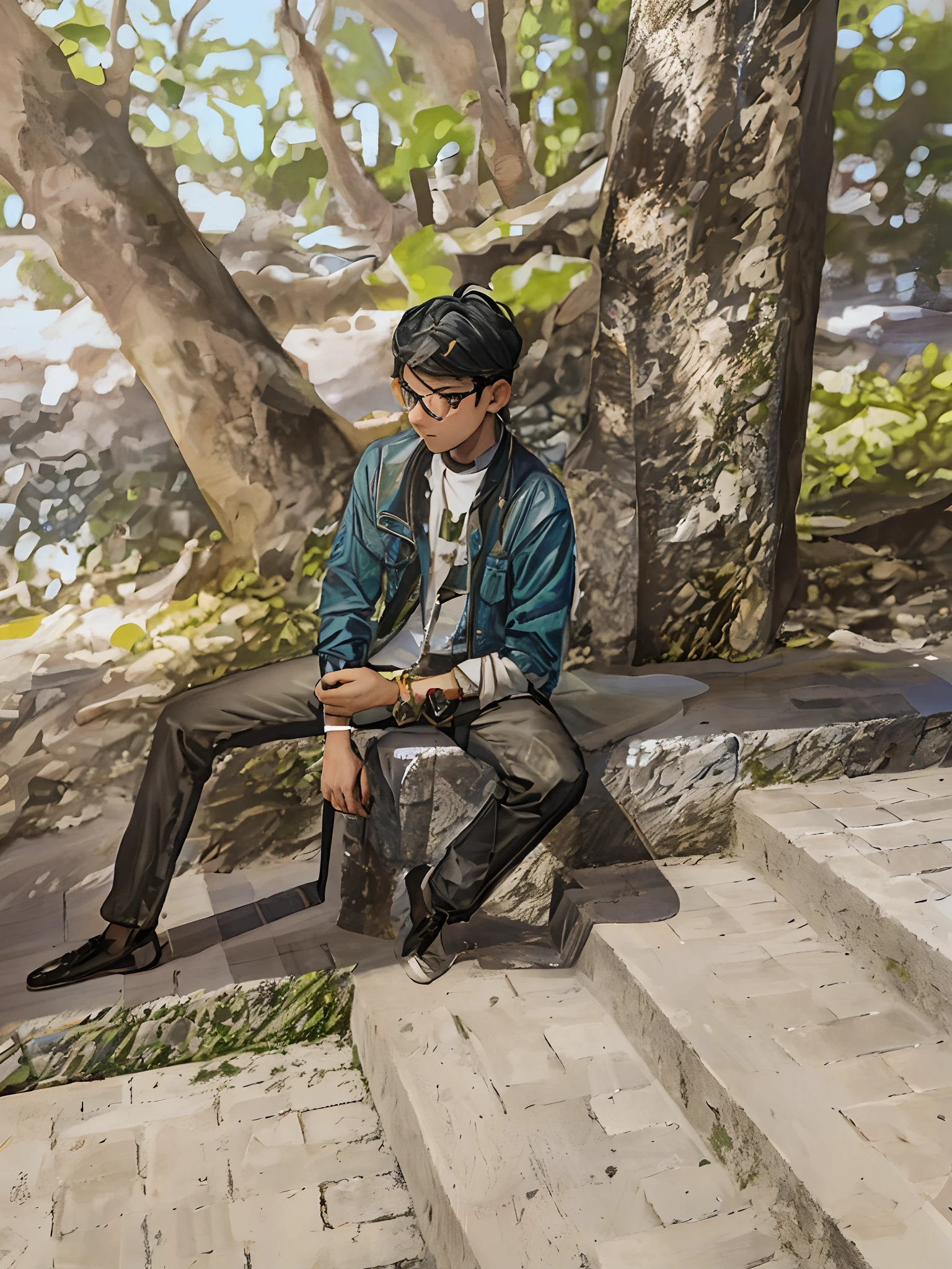 there is a man sitting on the steps of a building, casual photography, in a park, with a cool pose, candid picture, jayison devadas style, candid photography, cool pose, very artistic pose, in a city park, sitting in a colorful forest, at a park, jayison devadas, in sunny weather, taken in zoo, sittin