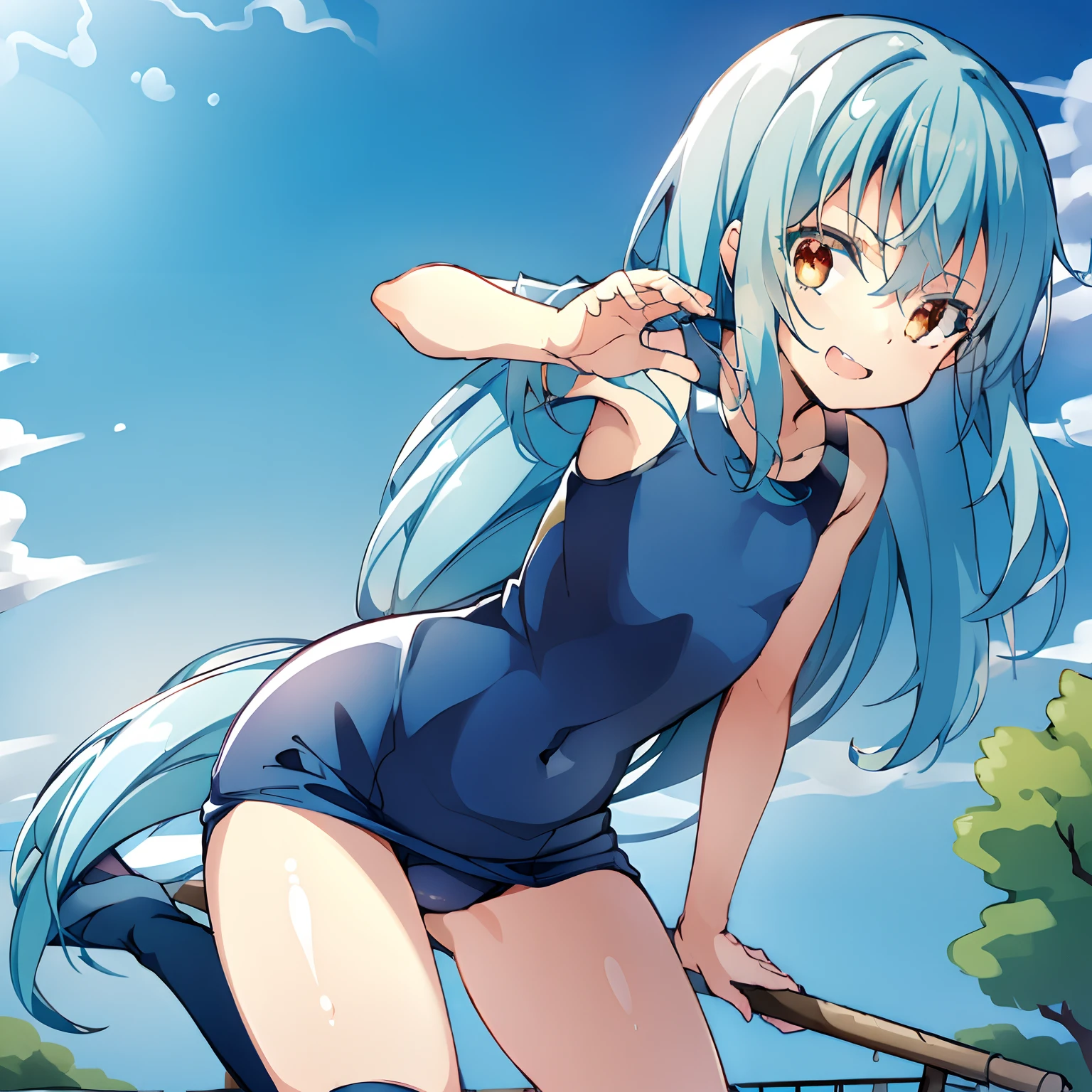 top-quality, 8K, ultra-detailliert, tensura, rimuru, Blue-haired, beautiful countenance, free pose, (One Person:1.3), Upper body, lake, (School swim wear:1.3)