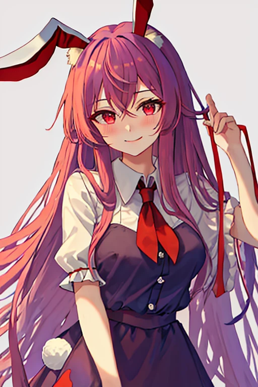 Best quality, Masterpiece, A high resolution, Solo, {Trip_Udonin_Inaba_Touhou:1.15}, Animal_hor ears, Long_Hair, Rabbit_hor ears, Red_Eyes, purple_Hair, tiese, Red_tiese, bangs, Blush, Very_Long_Hair, Breasts, Smile, Hair_between_Eyes