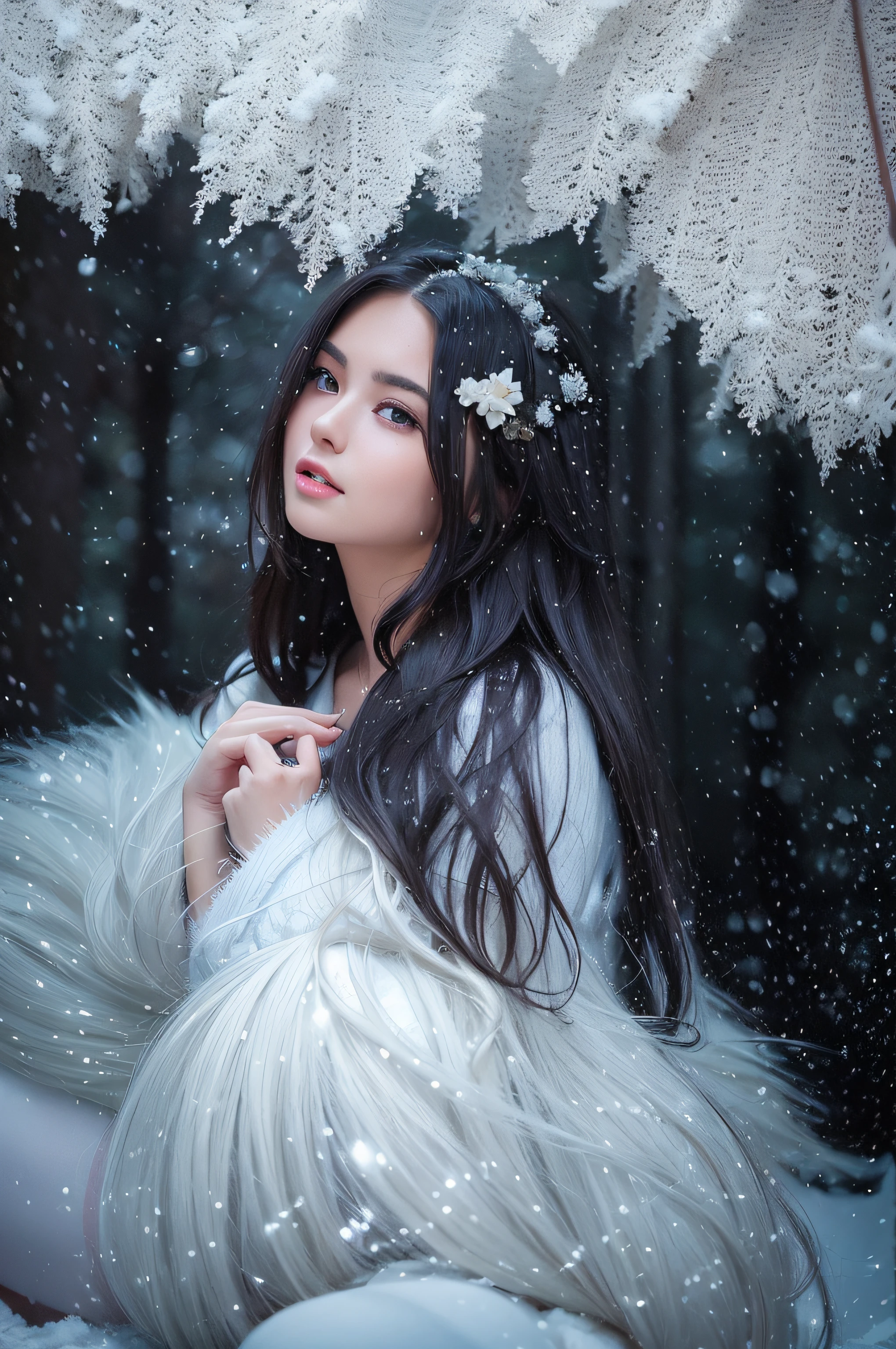 NSFW, (8k, best quality, masterpiece:1.2), (realistic, photo-realistic:1.37), ultra-detailed, 1 girl, looking at view, cute, beautiful detailed sky, detailed noel, night, sitting, dating,(nose blush), tt, sitting in the snow, (smile:1.15),(closed mouth) medium breasts,beautiful detailed eyes,(collared shirt:1.1), daytime, sunshine, business attire,snow,white lace, (long hair:1.4),silver hair NovaFrogStyle, uniform, white skin,cinematic light,sunshine,street light, (av actress: 4), full body image,