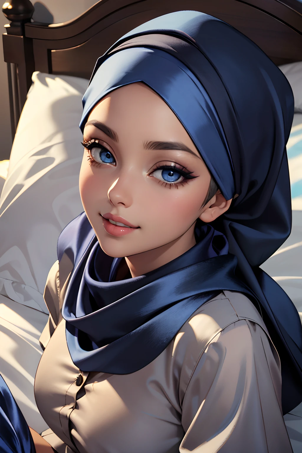 Masterpiece, realistic, best quality, best lighting, 1 girl photo solo, beautifully makeup, eyeshadow, Parted Lips, Detailed Eyes, beautiful big eyes, long eye lashes, smile, wearing ((Dark blue satin headscarf)), loosely tide hijab style, ((Taupe satin shirt)), satin long skirt, sleeping on a bed, laying on bed