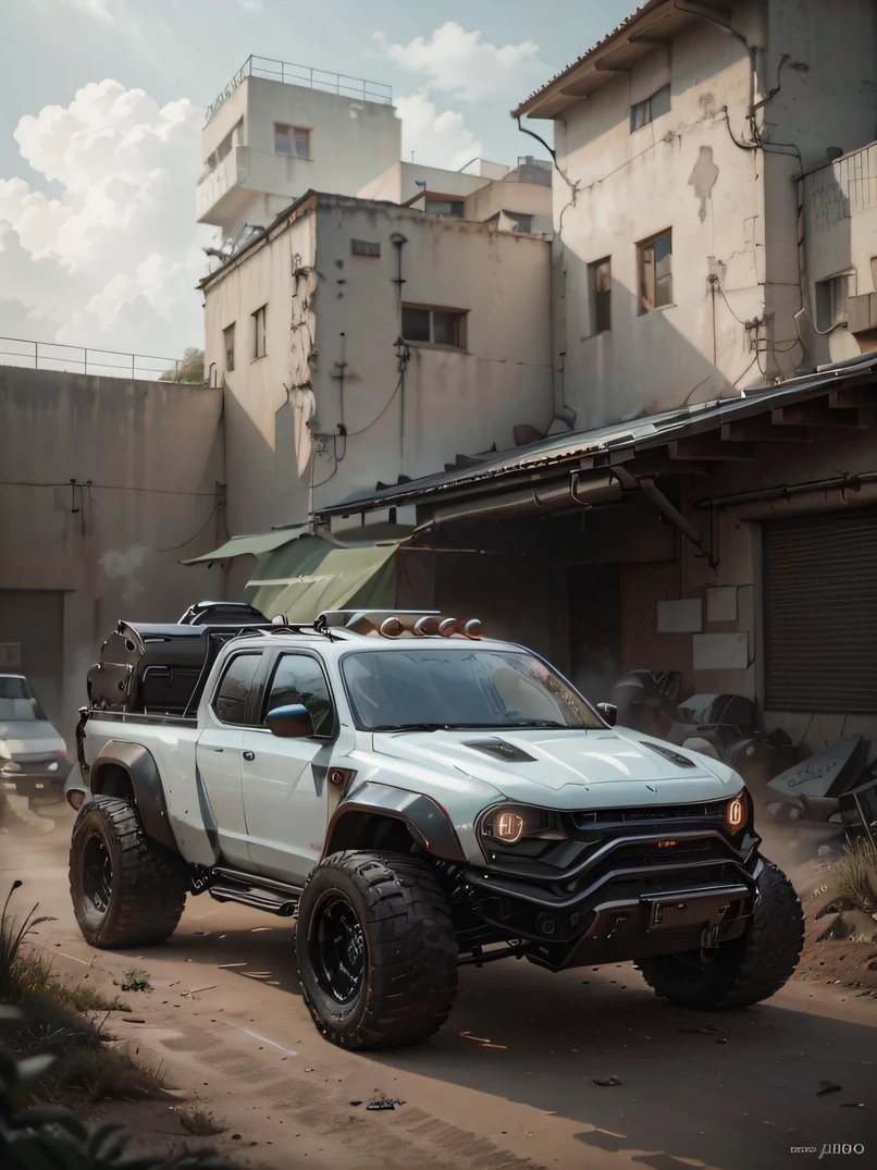 ((masterpiece、top-quality、realisitic、ultra-detailliert、hight resolution、Photorealsitic、foco nítido、photographrealistic、Raw photography、lighting like a movie))、High brightness、Noon Wilderness、((Futuristic Cyberpunk Pickup Truck))、Equipped with drums、High vehicle height、(With glowing tires)、Red rust-colored car body、3/4Front view