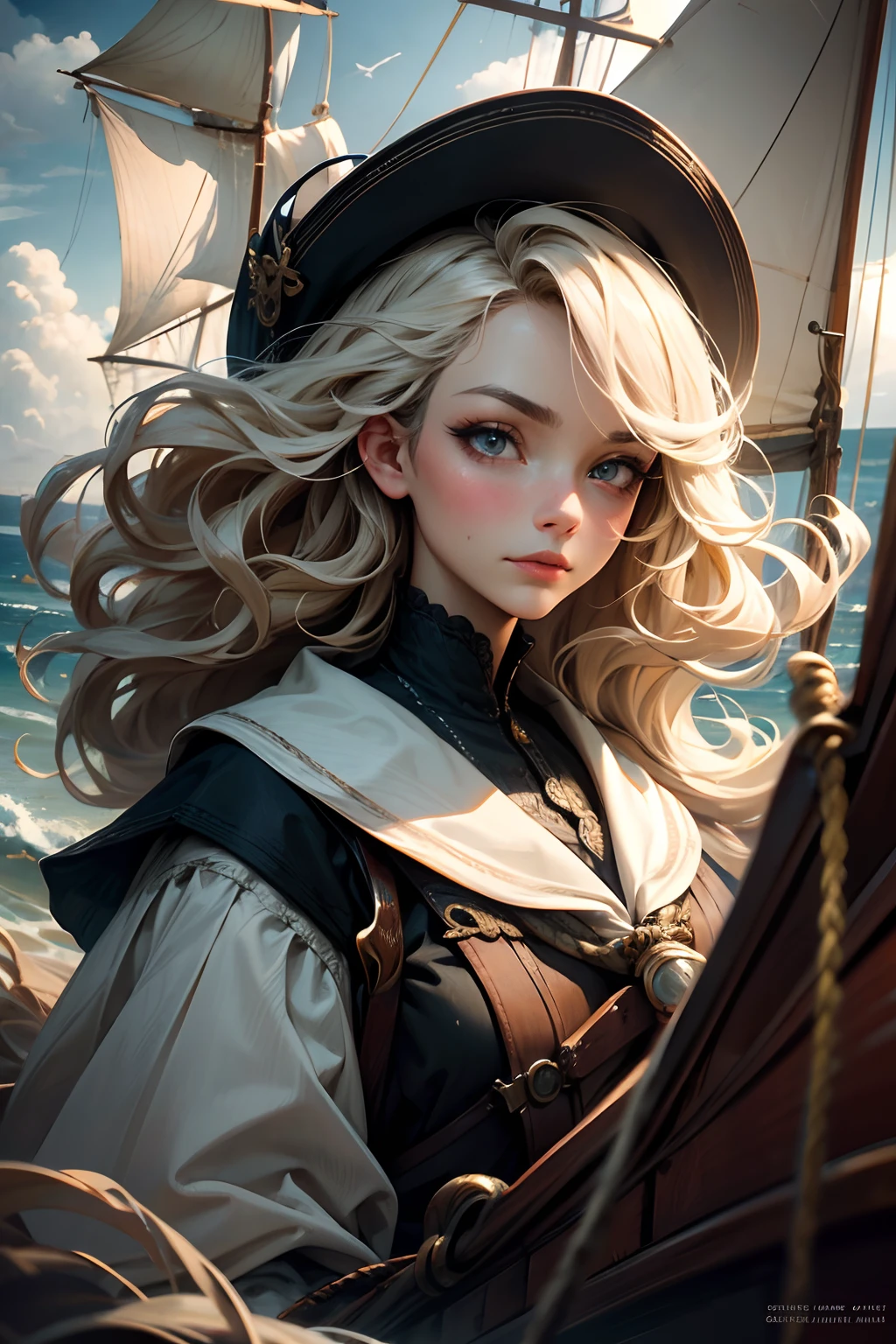 beautiful detailed eyes,beautiful detailed lips,extremely detailed eyes and face,longeyelashes,medium:oil painting,sailing ship,adventurous pose,sea breeze,bright sunlight,stormy clouds,fierce determination,strong leadership,confident expression,vivid colors,wavy hair,passionate gaze,nautical theme,exquisite brushwork,highres,portrait,classic style,sharp focus,antique map background,masterpiece:1.2