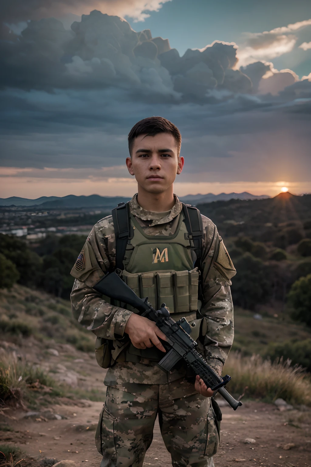 A military boy, standing on the hill, holding an M416 gun. (best quality, ultra-detailed), realistic, professional, studio lighting, bokeh, vivid colors, physcially-based rendering, landscape, portraits, military assets, green camouflage, sunset color tones, intense sky, rugged terrain, focused muscles, determined expression, sharp focus.