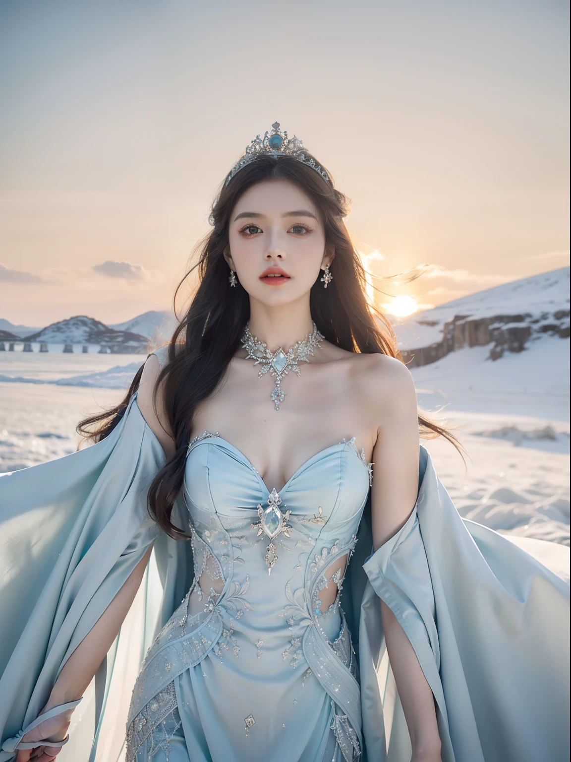 `Ice Queen in a kingdom with the sun as the background, High definition, Rich in details`Dress conservatively