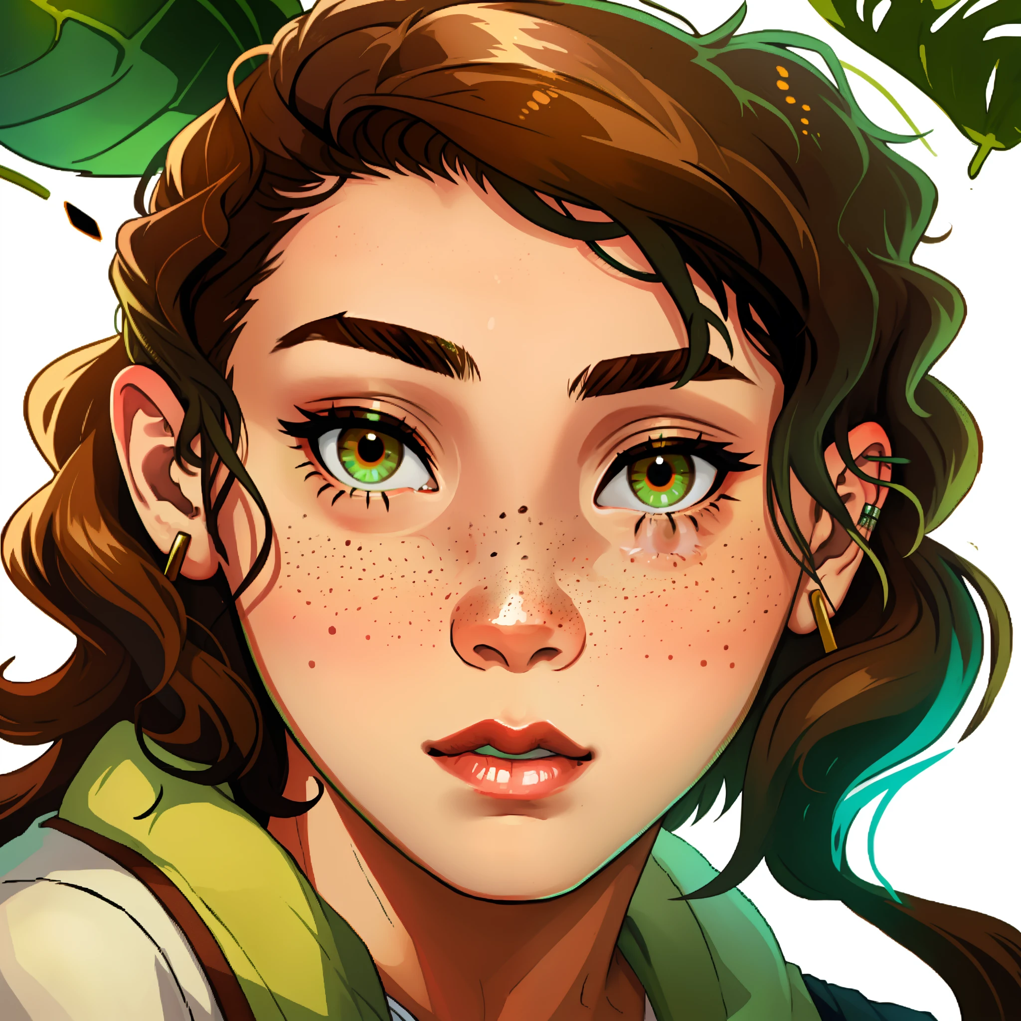 Semi wavy medium brown hair, hazel eyes mixture of brown and green, left nose ring, faded freckles, white girl