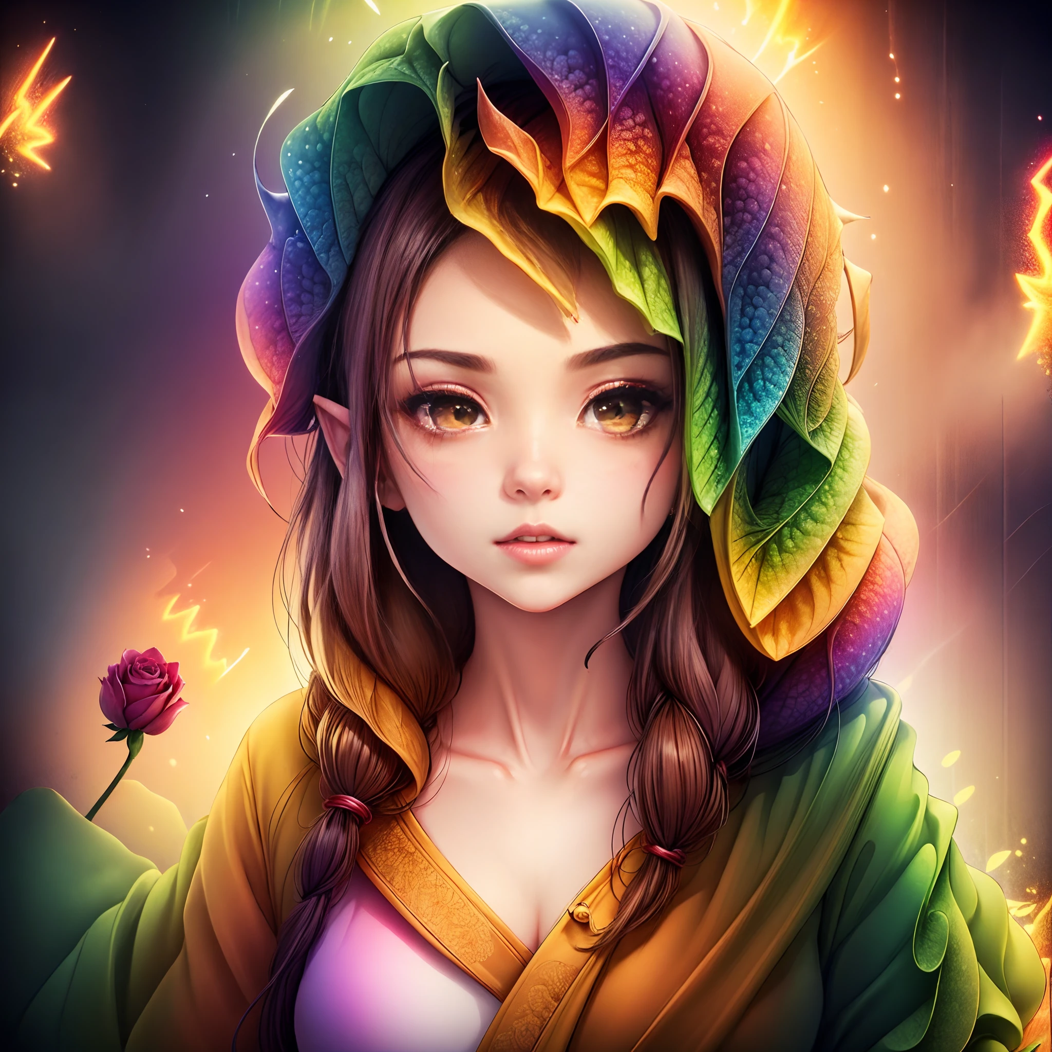 (masutepiece, top-quality, Best Quality, Official art, Beautiful and aesthetic:1.2), (1 Elf Girl), Extremely detailed, long shapeless hair, (Fractal Art:1.3),Colorful,Highest detail, Cinematic lighting、​masterpiece:1.2、(Lots of beautiful colorful rose flowers)、