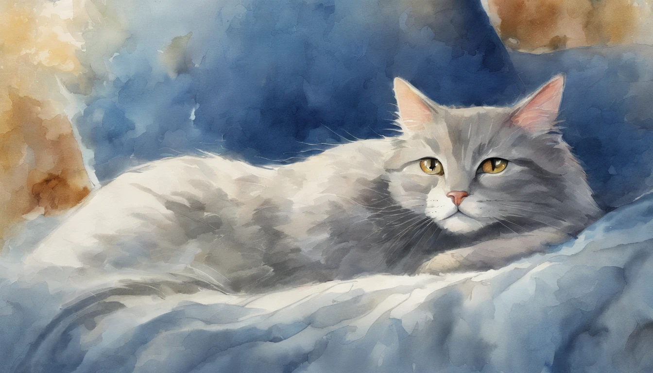 Light grey cat reluxing and sleeping happily on a blue bed Flooded with sunlight Warm colors watercolor paitin