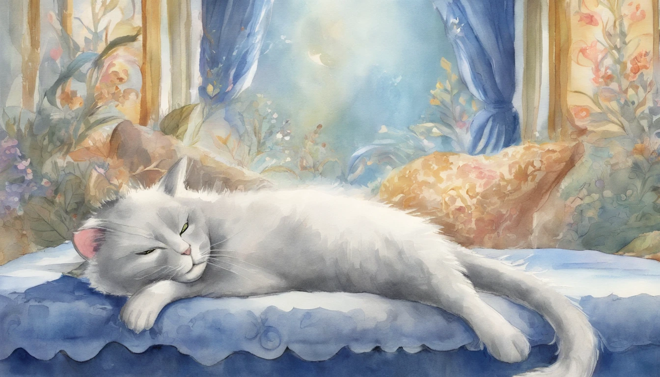 Light grey cat reluxing and sleeping happily on a blue bed Flooded with sunlight Warm colors watercolor paitin
