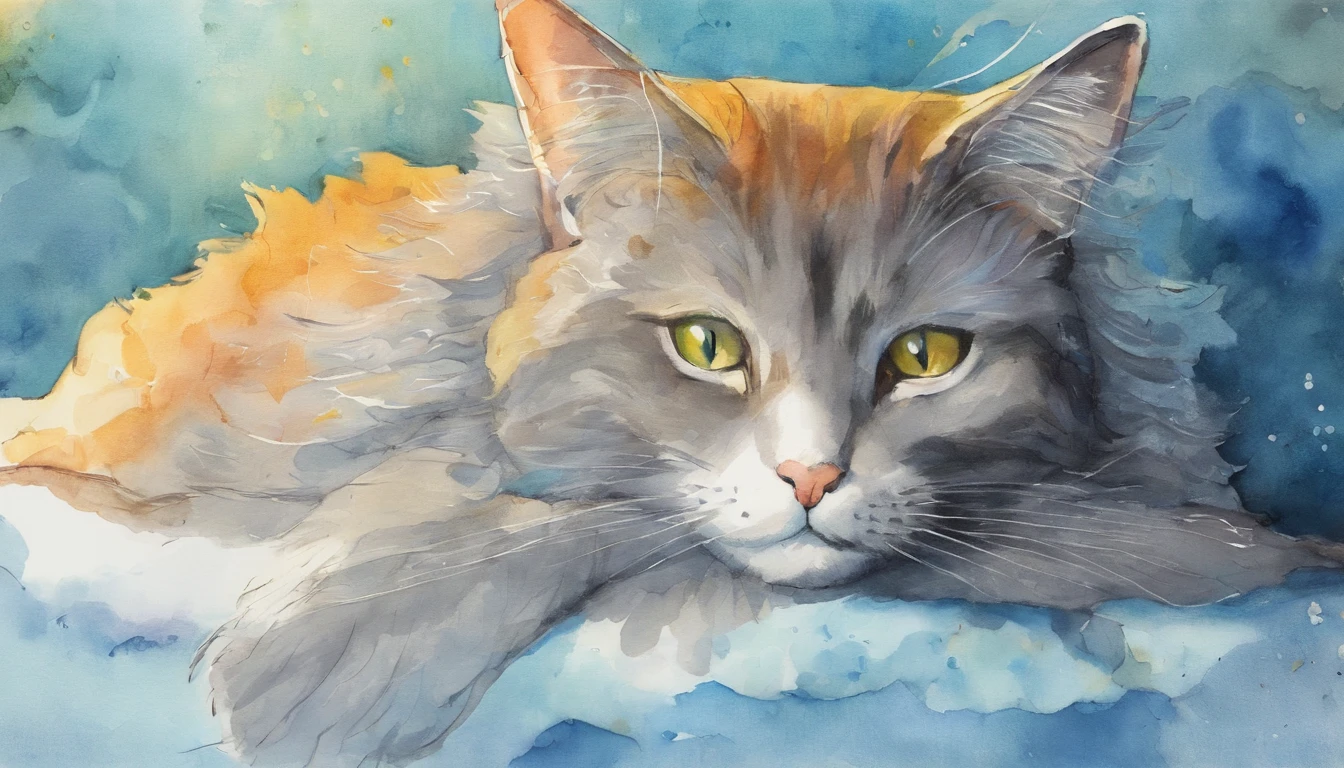 Light grey cat reluxing and sleeping happily on a blue bed Flooded with sunlight Warm colors watercolor paitin