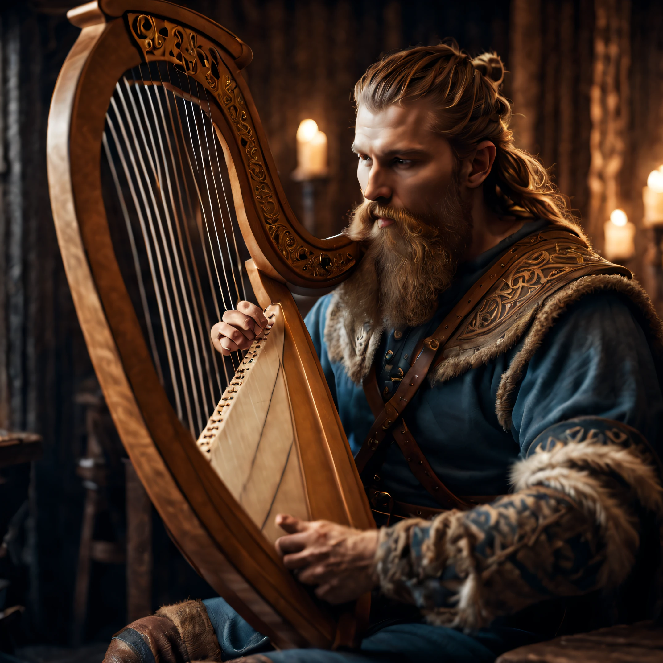 (best quality,highres,ultra-detailed),bearded Viking man playing a small harp,illustration,medieval fantasy,atmospheric lighting,warm color tones, Detailed beard and hair,ornate clothing,elegantly crafted musical instrument,vivid colors,exquisite details, 

*Notes: This prompt describes a scene with a bearded Viking man playing a small harp. The image should be in the style of an illustration, with high resolution and ultra-detailed quality. The lighting should create an atmospheric and warm ambiance, enhancing the medieval fantasy setting. The man's beard and hair should be depicted with intricate details, and his clothing should be ornate. The small harp should be elegantly crafted and visually appealing. The color tones should be vivid, showcasing a range of vibrant colors. Overall, the prompt aims to create a visually stunning and captivating image of a bearded Viking man immersed in music.*