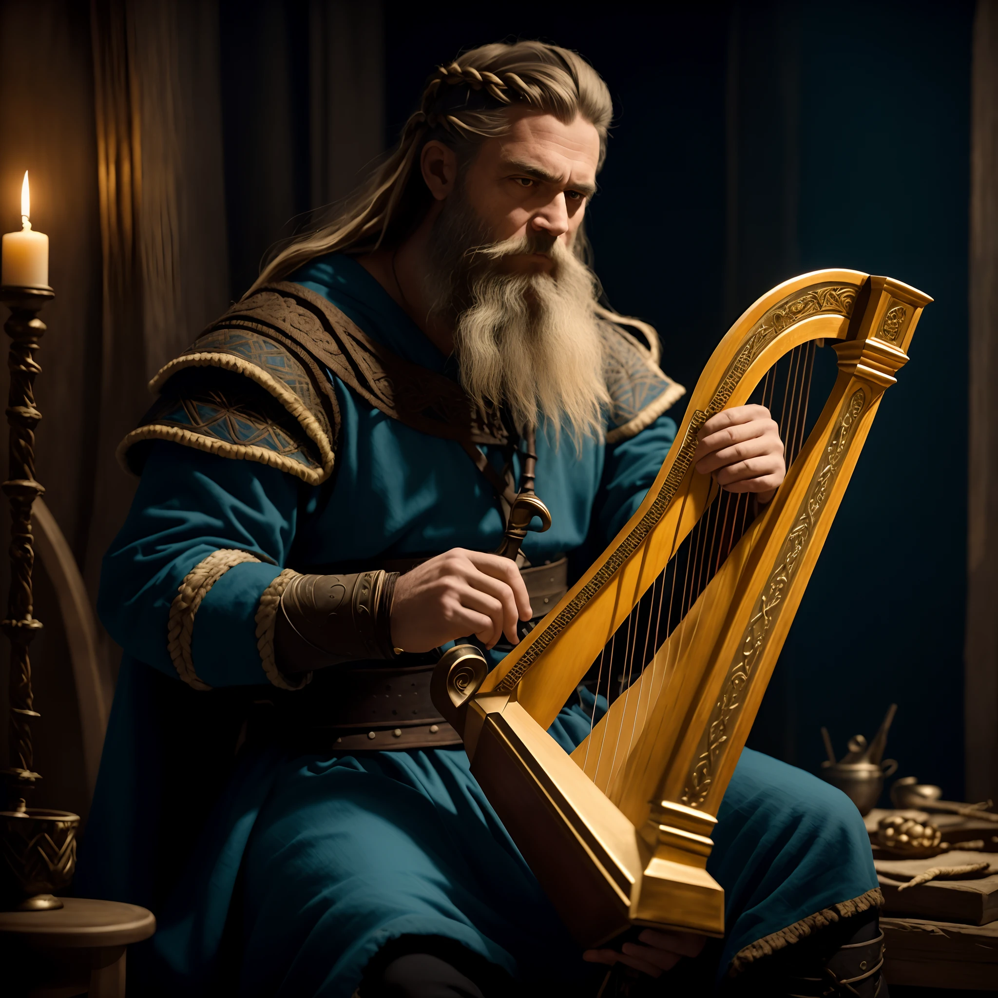 Man in blue robe playing harp in a dark room, long braided viking beard, Retrato de um viking, Rei Viking, Cultura Viking, com harpa, epic viking king, Guerreiro viking antigo, um bardo humano, usando roupas vikings, foto de retrato, Retrato do velho rei medieval, barba viking, Retrato de um velho rei medieval, Velho Rei Medieval