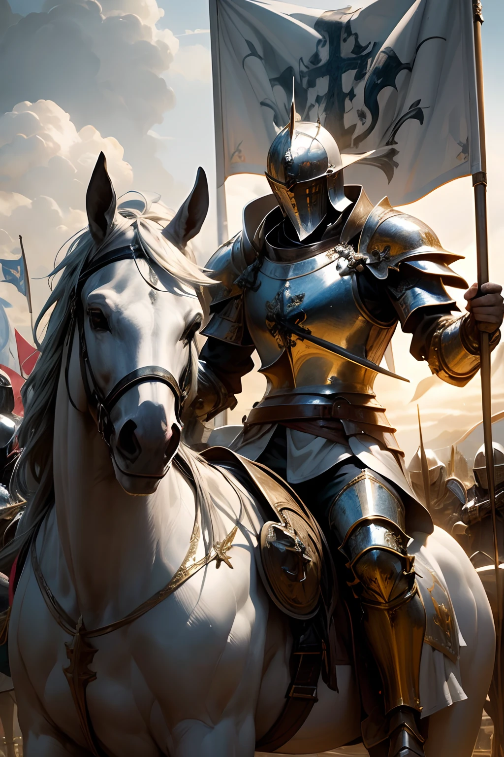 A crusader knight, ornately decorated armor, majestic castle in the background, shining sword and shield, battle-ready, charging on a white horse, determined expression, sunlight piercing through the clouds, dramatic atmosphere, epic battle scene, medieval architecture, flag bearing the cross, heroic stance, highly detailed armor engravings, dust and sparks in the air, intense action, dynamic pose, vibrant colors, realistic lighting and shadows, high-resolution artwork, reminiscent of Renaissance paintings, captivating and awe-inspiring.