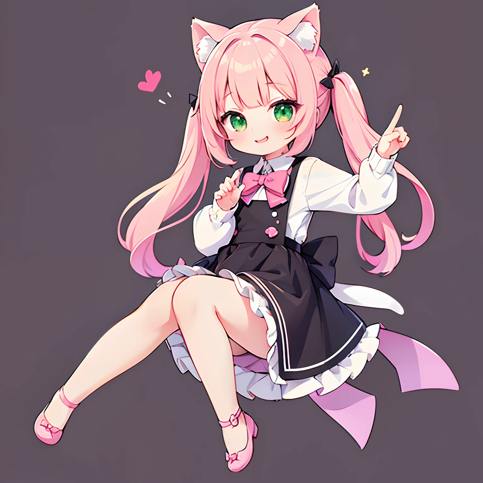 chibi, 1girl, vtuber, neko kawaii girl, full body shot, in center of image, smol, pink-peach hair, bangs, pigtails, brown cat ears, white black pink clothes, green eyes, smiling, cute, bowtie, pink and white and black shirt, pastel colors, cute kawaii pose